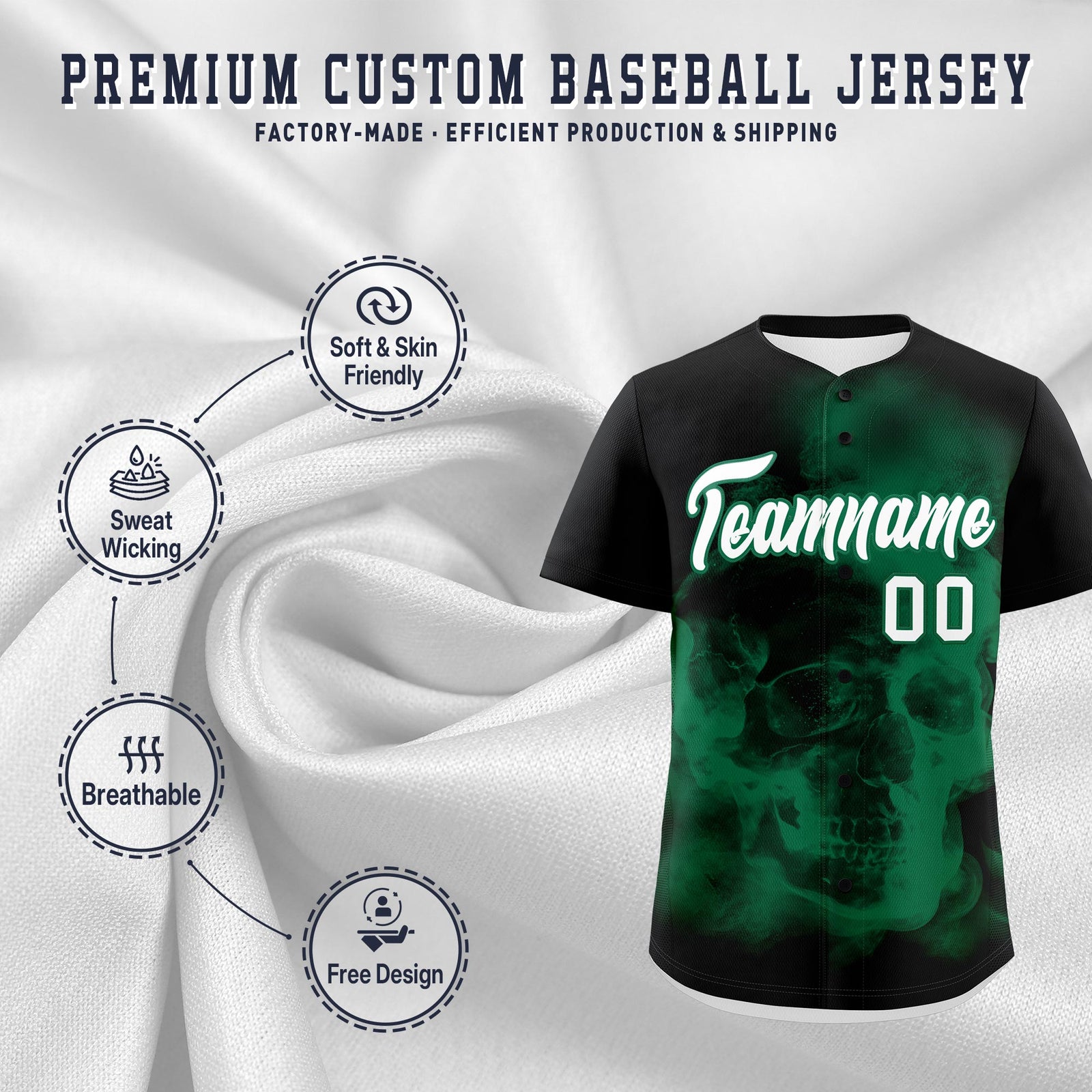Custom Black Kelly Green White skeleton Graffiti Pattern Quick Dry Baseball Jersey| KXKSHOP