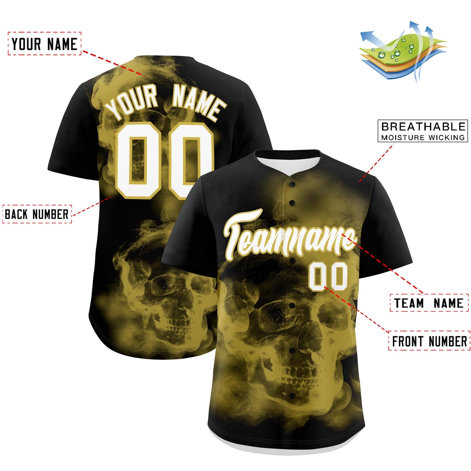 Custom Black Old Gold White skeleton Graffiti Pattern Lightweight Baseball Jersey| KXKSHOP
