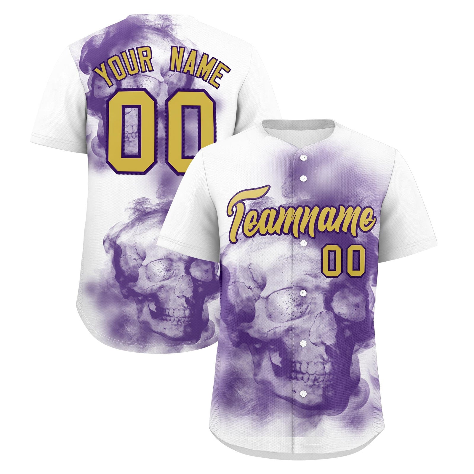 Custom White Purple Old Gold skeleton Graffiti Pattern Quick Dry Baseball Jersey| KXKSHOP