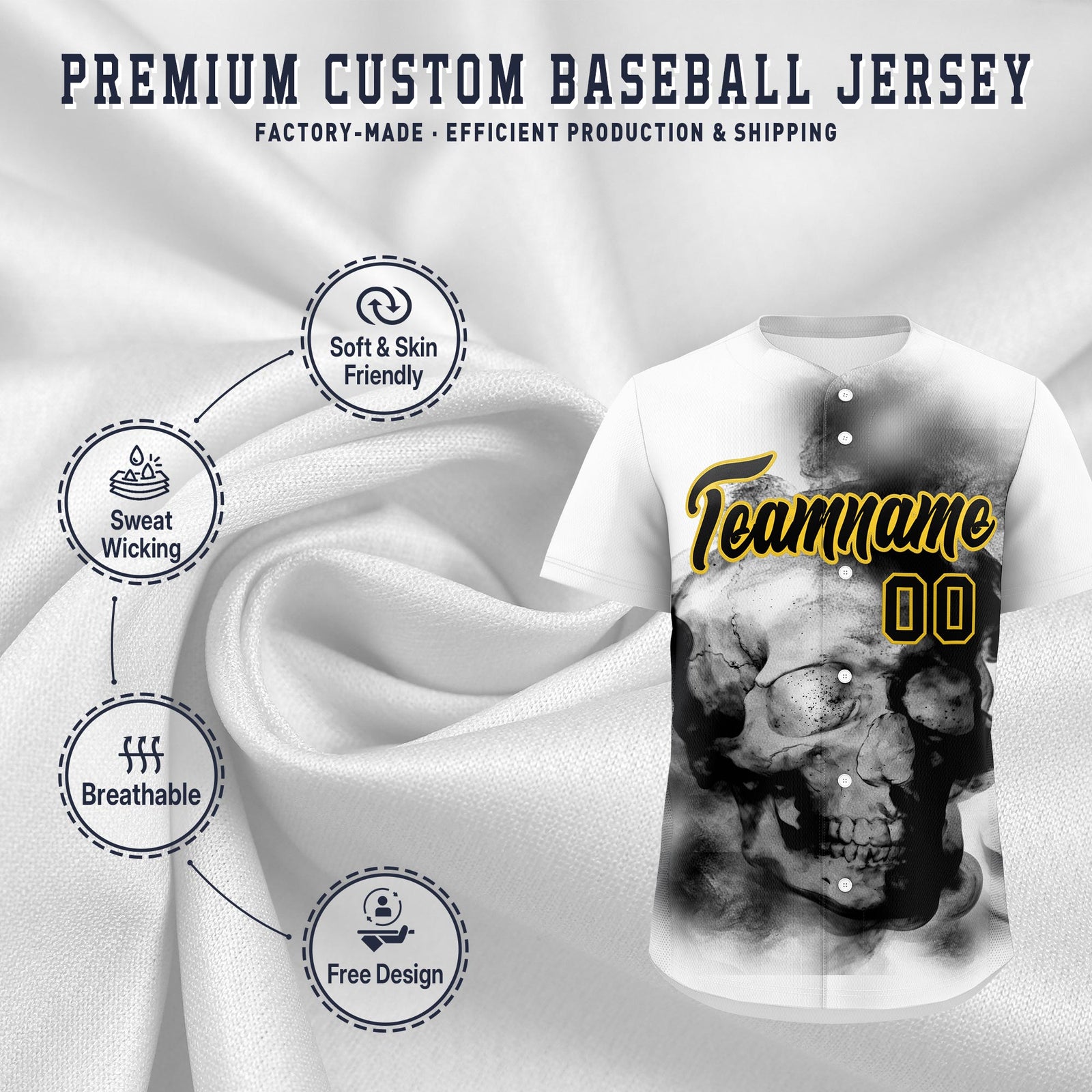 Custom White Black Gold skeleton Graffiti Pattern Lightweight Baseball Jersey| KXKSHOP