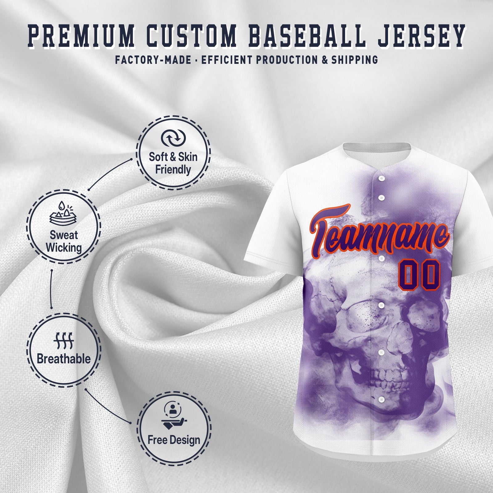 Custom White Purple Orange skeleton Graffiti Pattern Lightweight Baseball Jersey| KXKSHOP