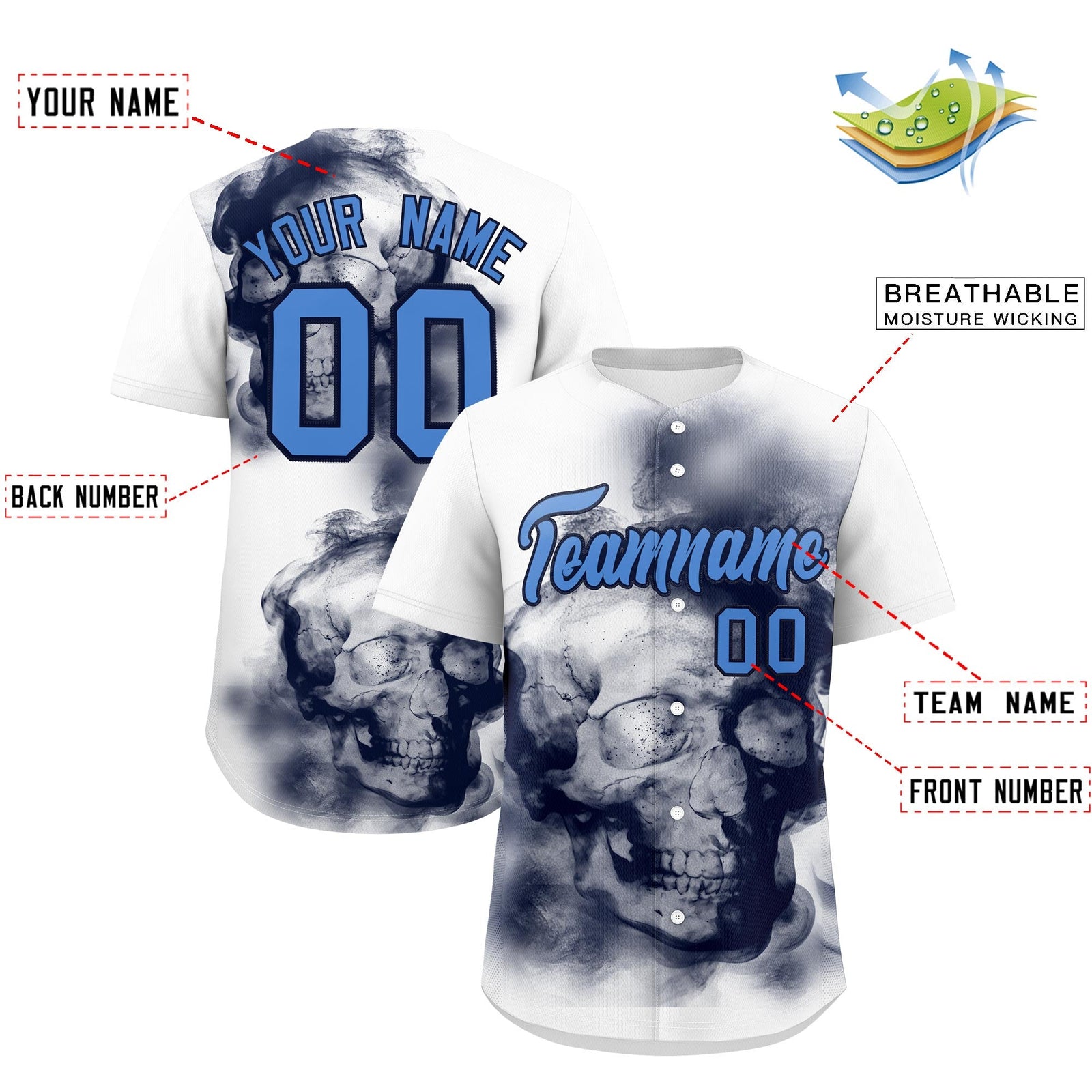 Custom White Navy Powder Blue skeleton Graffiti Pattern Lightweight Baseball Jersey| KXKSHOP