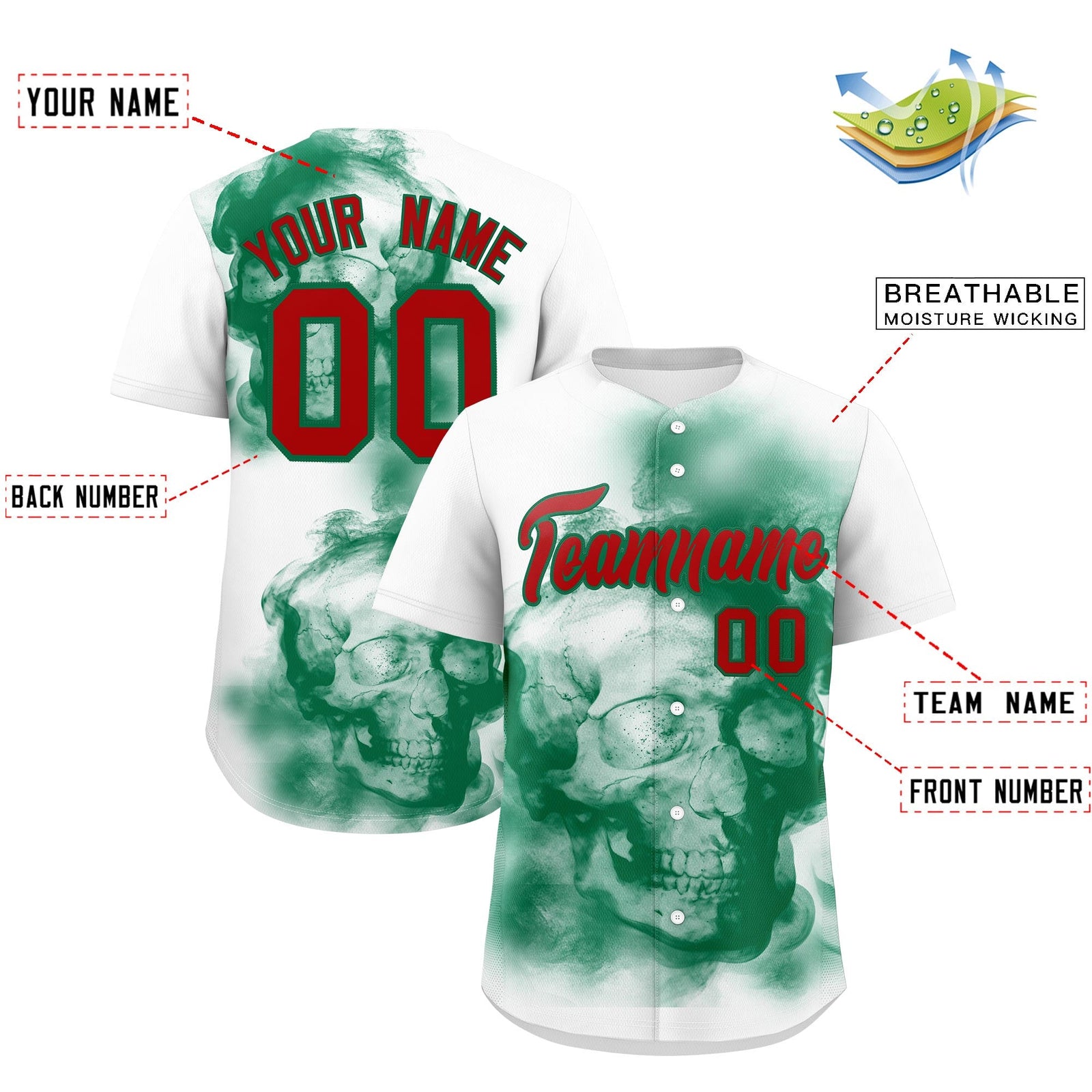Custom White Kelly Green Red skeleton Graffiti Pattern Lightweight Baseball Jersey| KXKSHOP