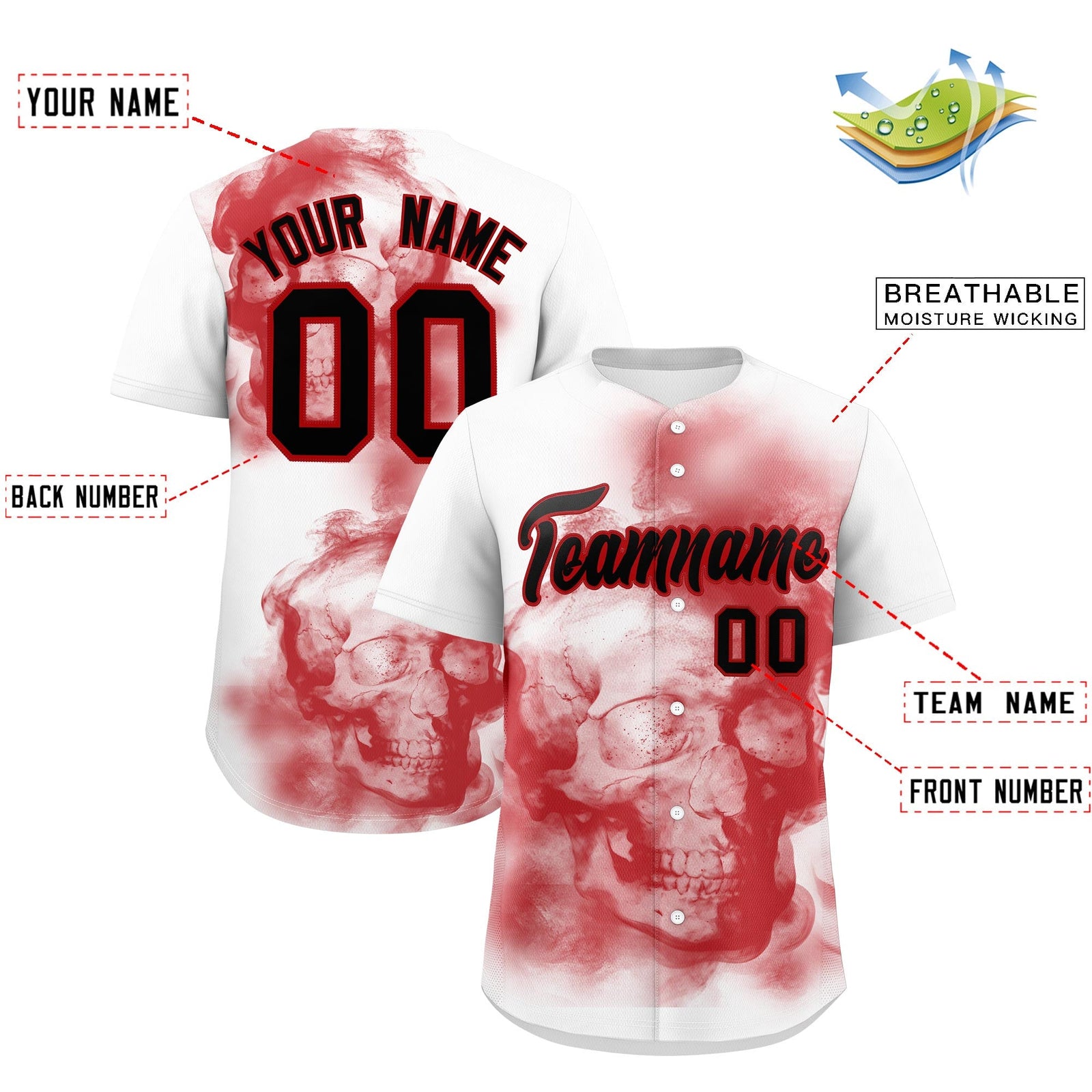 Custom White Red Black skeleton Graffiti Pattern Lightweight Baseball Jersey| KXKSHOP