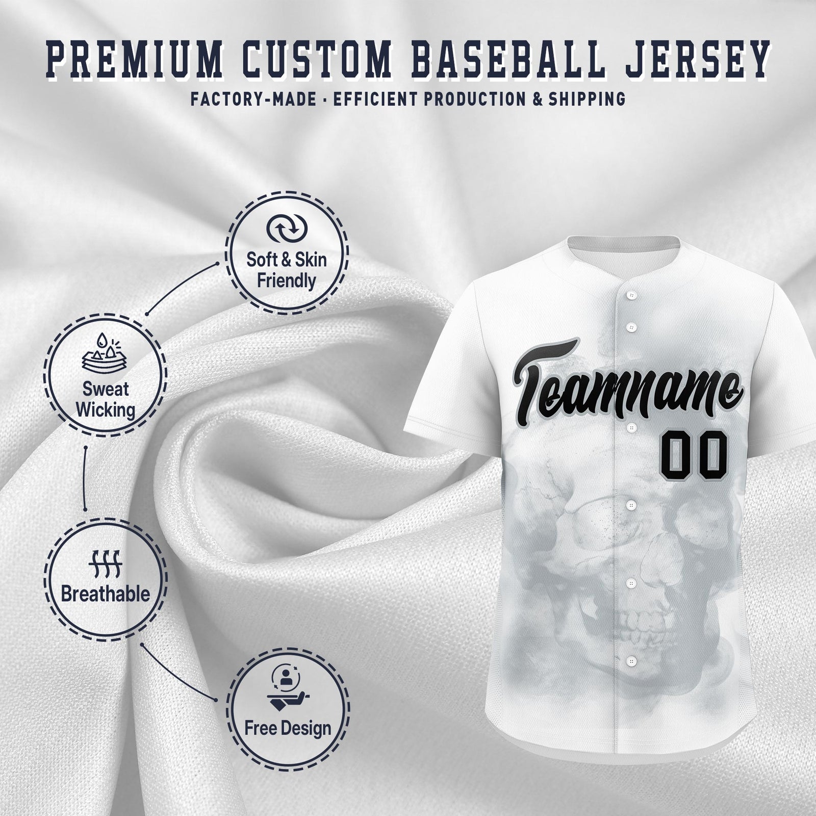 Custom White Silver Black skeleton Graffiti Pattern Quick Dry Baseball Jersey| KXKSHOP