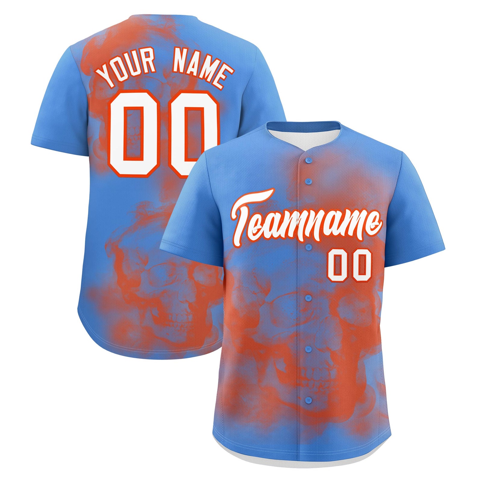 Custom Powder Blue Orange White skeleton Graffiti Pattern Lightweight Baseball Jersey| KXKSHOP