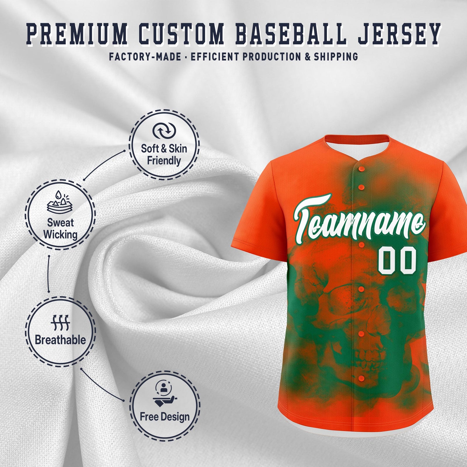 Custom Orange Kelly Green White skeleton Graffiti Pattern Quick Dry Baseball Jersey| KXKSHOP