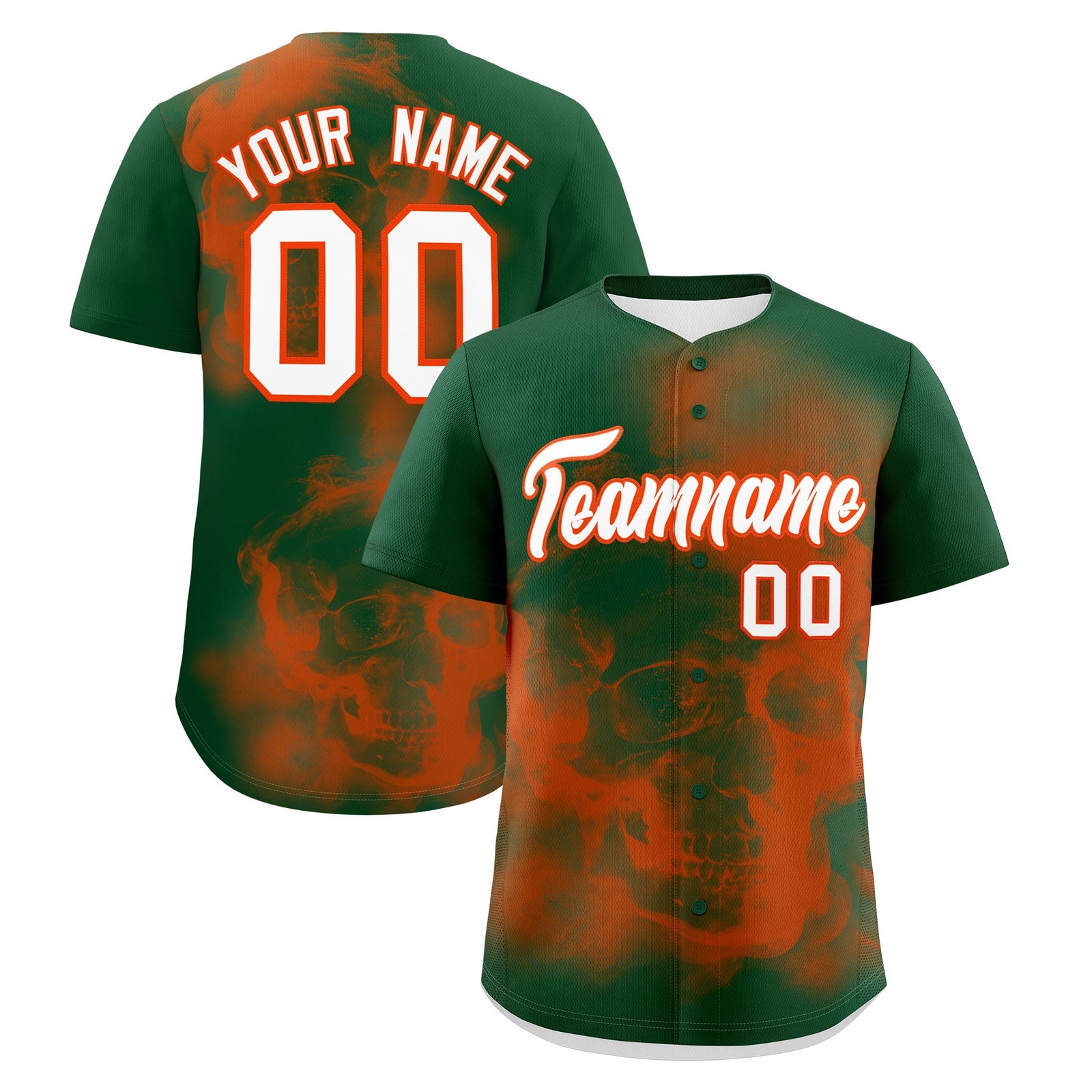 Custom Dark Green Orange White skeleton Graffiti Pattern Quick Dry Baseball Jersey| KXKSHOP