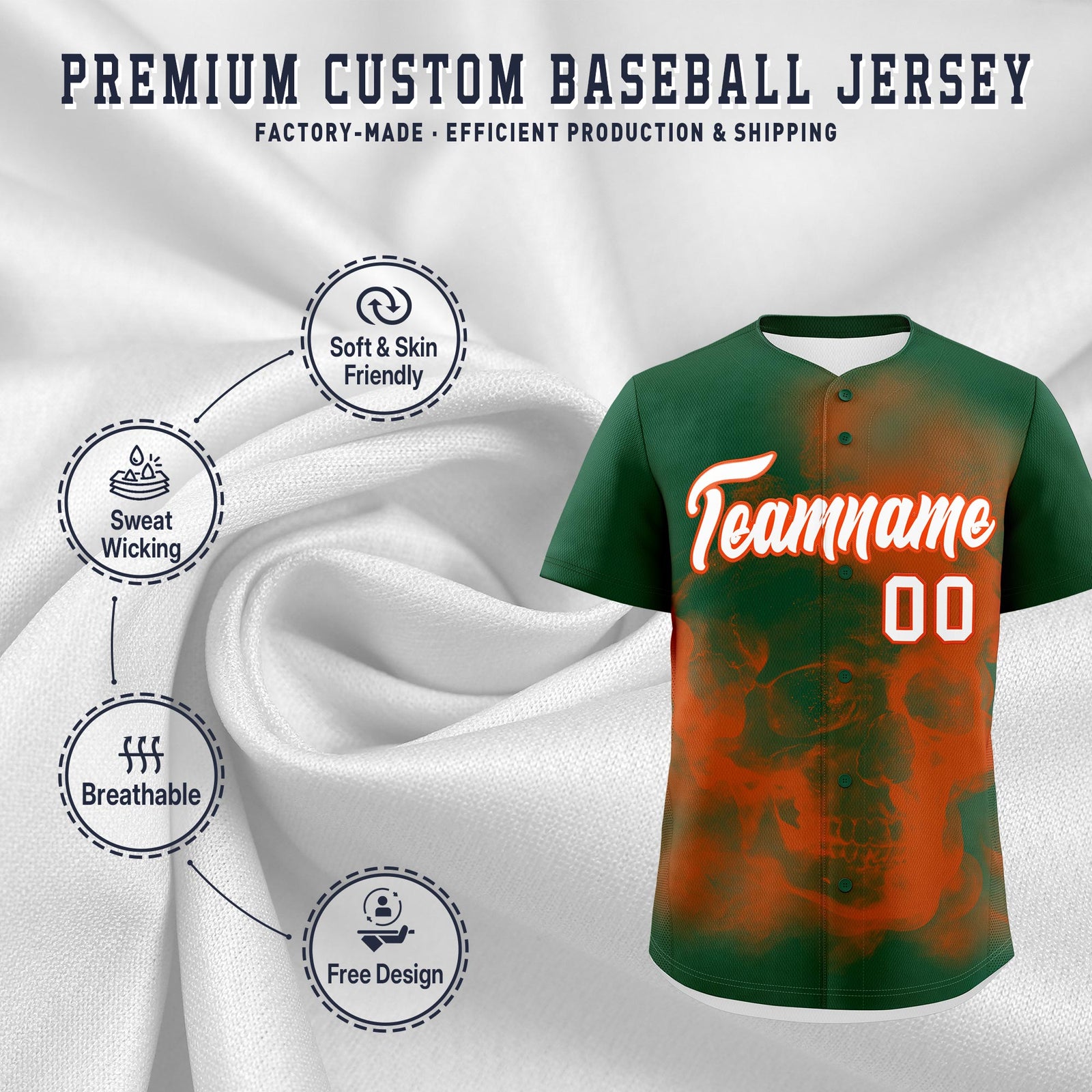 Custom Dark Green Orange White skeleton Graffiti Pattern Quick Dry Baseball Jersey| KXKSHOP