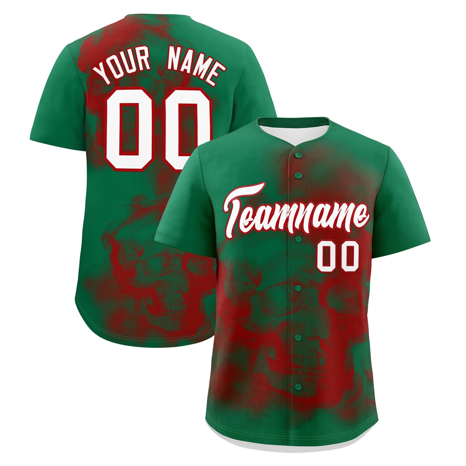 Custom Kelly Green Red White skeleton Graffiti Pattern Quick Dry Baseball Jersey| KXKSHOP