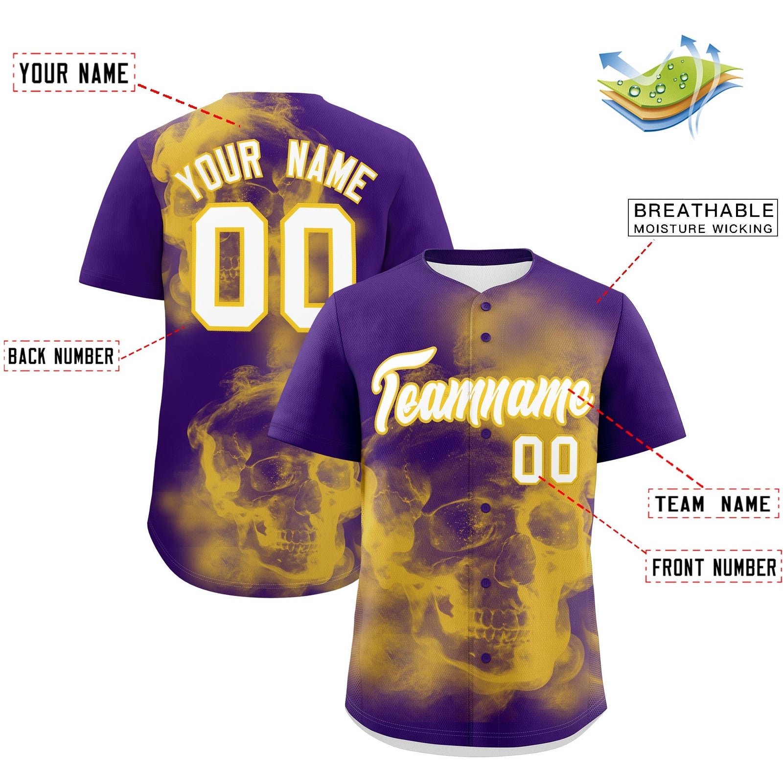 Custom Purple Gold White skeleton Graffiti Pattern Lightweight Baseball Jersey| KXKSHOP
