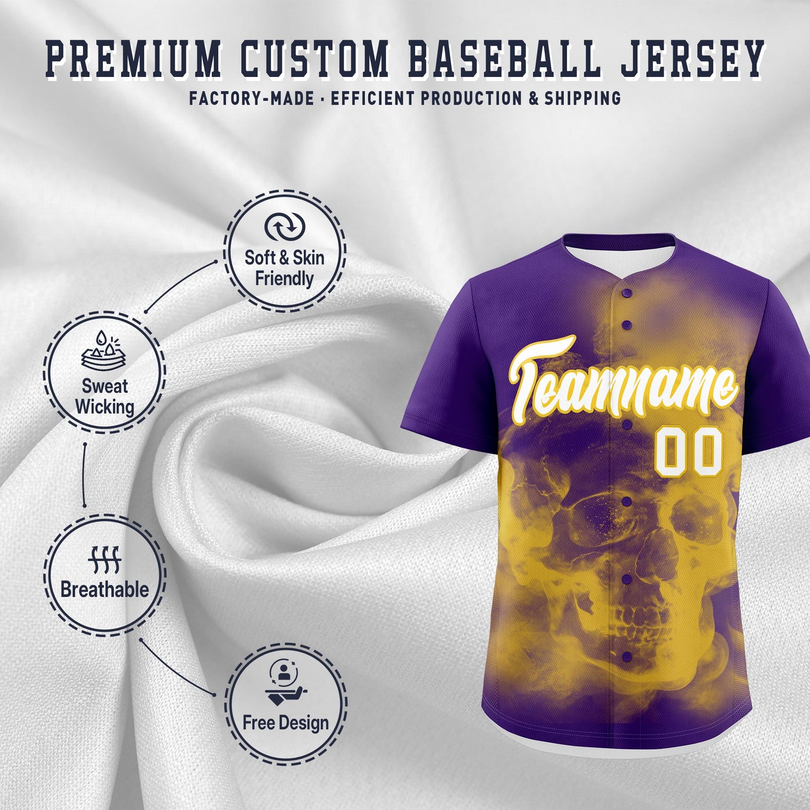 Custom Purple Gold White skeleton Graffiti Pattern Lightweight Baseball Jersey| KXKSHOP