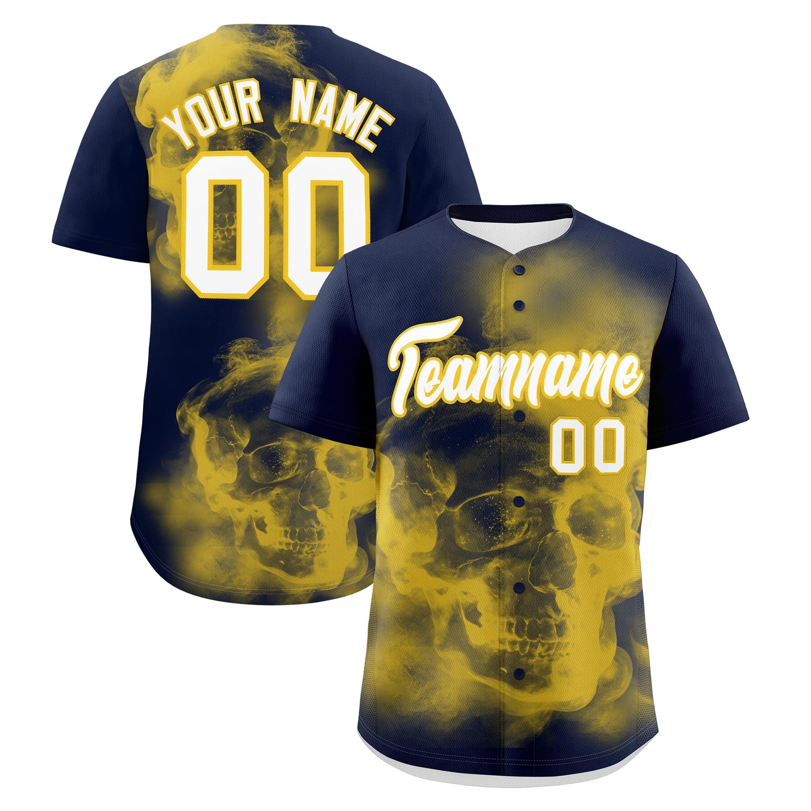 Custom Navy Gold White skeleton Graffiti Pattern Quick Dry Baseball Jersey| KXKSHOP
