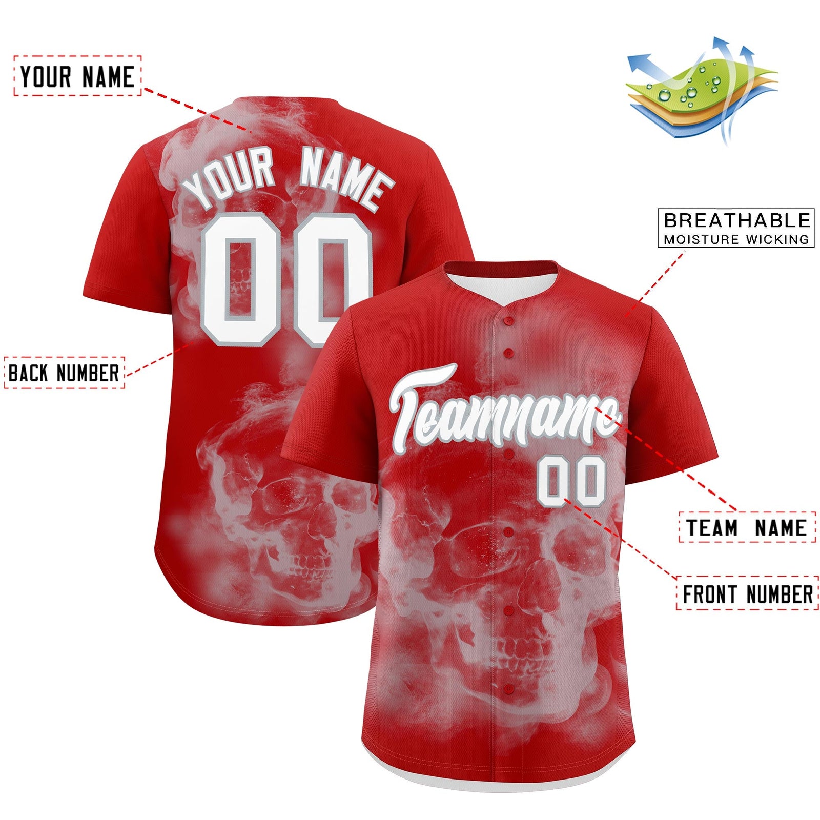 Custom Red Silver White skeleton Graffiti Pattern Lightweight Baseball Jersey| KXKSHOP