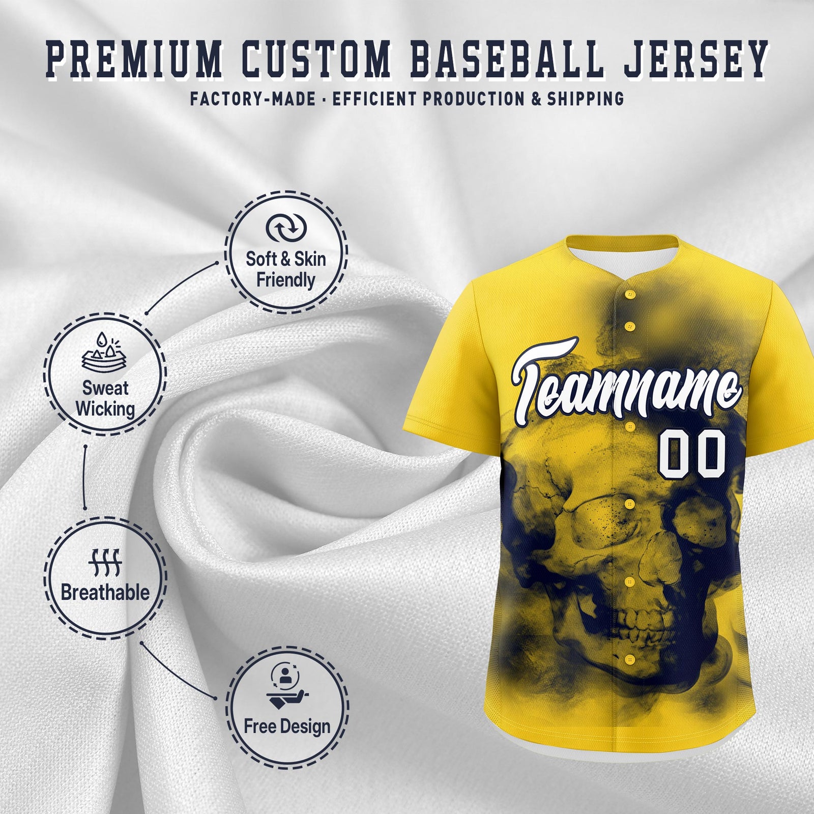 Custom Gold Navy White skeleton Graffiti Pattern Quick Dry Baseball Jersey| KXKSHOP
