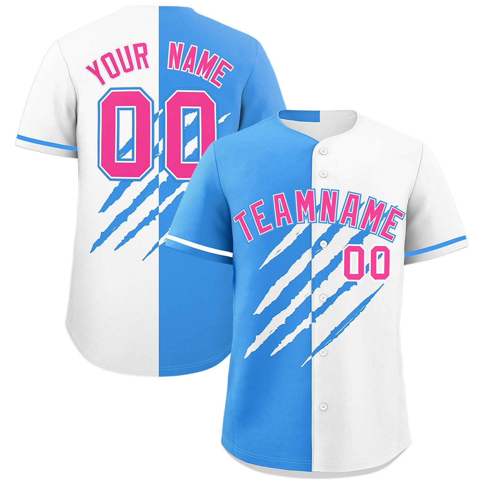 Custom Powder Blue White Split Tiger Claw Scratch Pattern Baseball Jersey