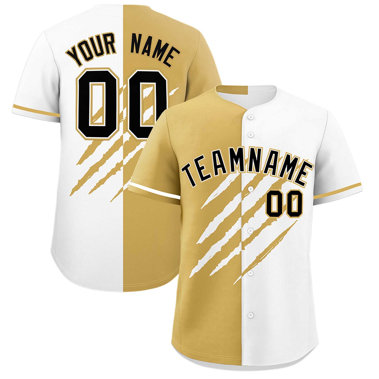 Custom Old Gold White Split Tiger Claw Scratch Pattern Baseball Jersey
