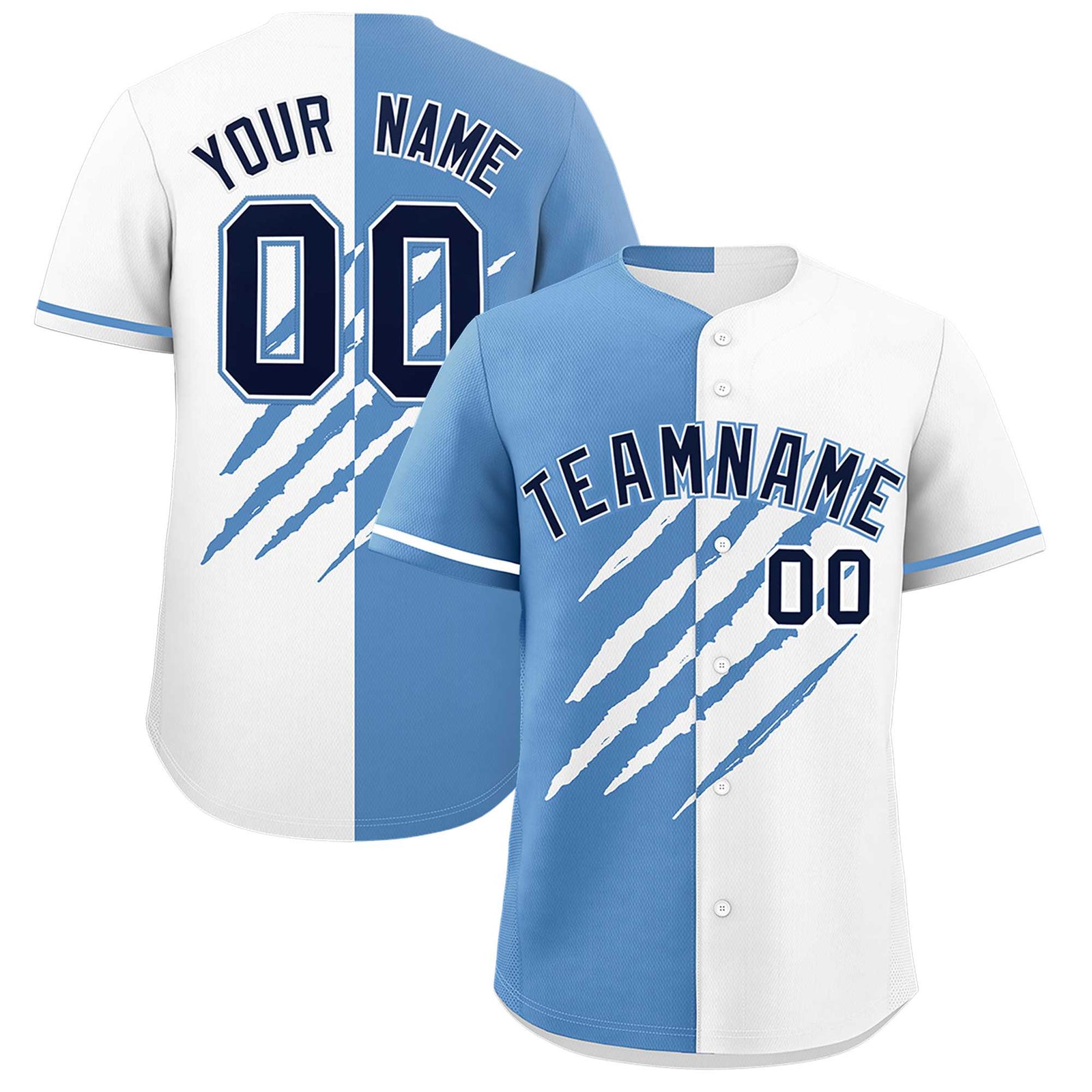 Custom Light Blue White Split Tiger Claw Scratch Pattern Baseball Jersey