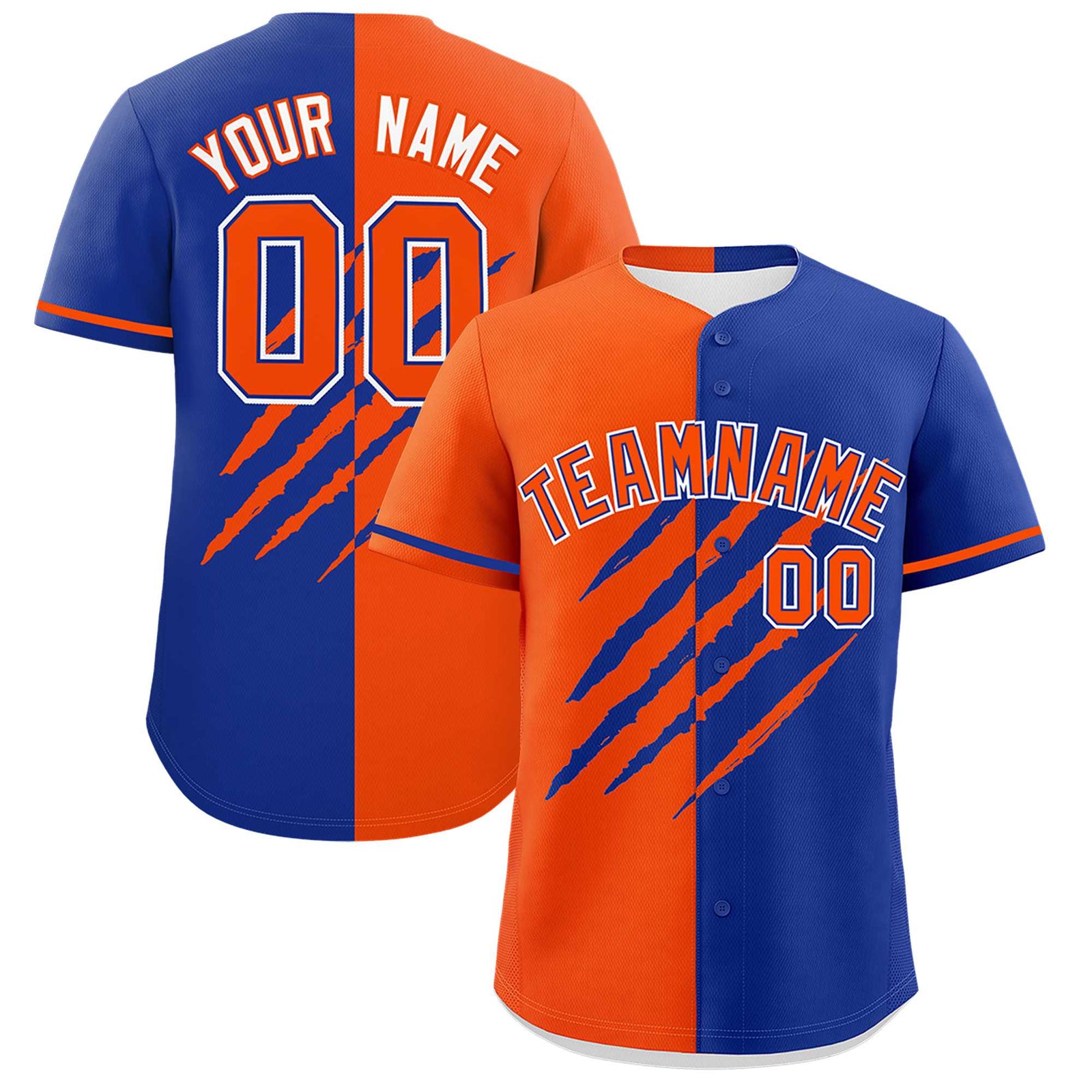 Custom Orange Royal Blue Split Tiger Claw Scratch Pattern Baseball Jersey