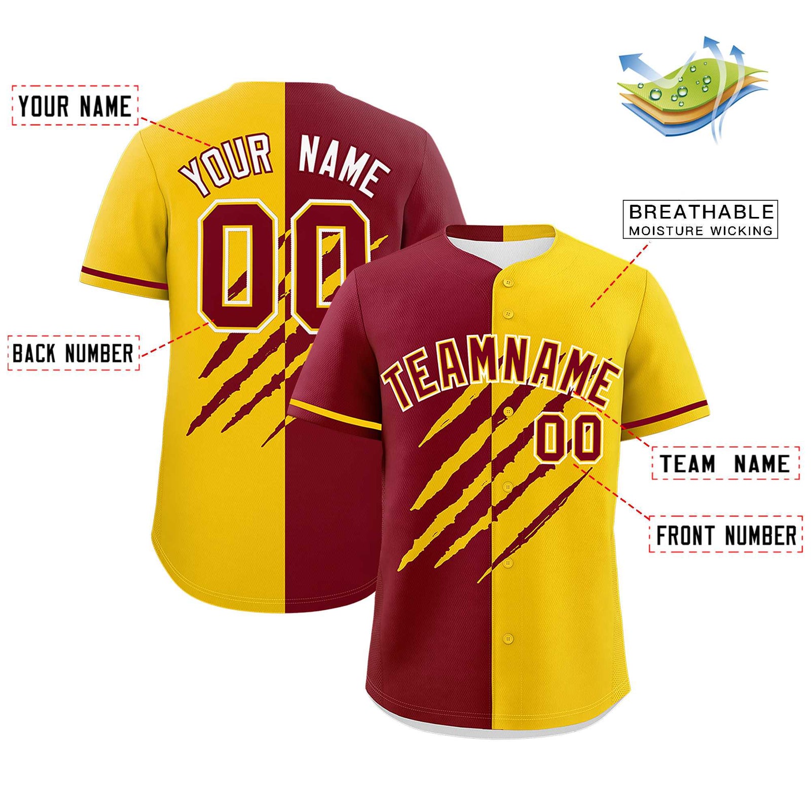 Custom Crimson Gold Split Tiger Claw Scratch Pattern Baseball Jersey