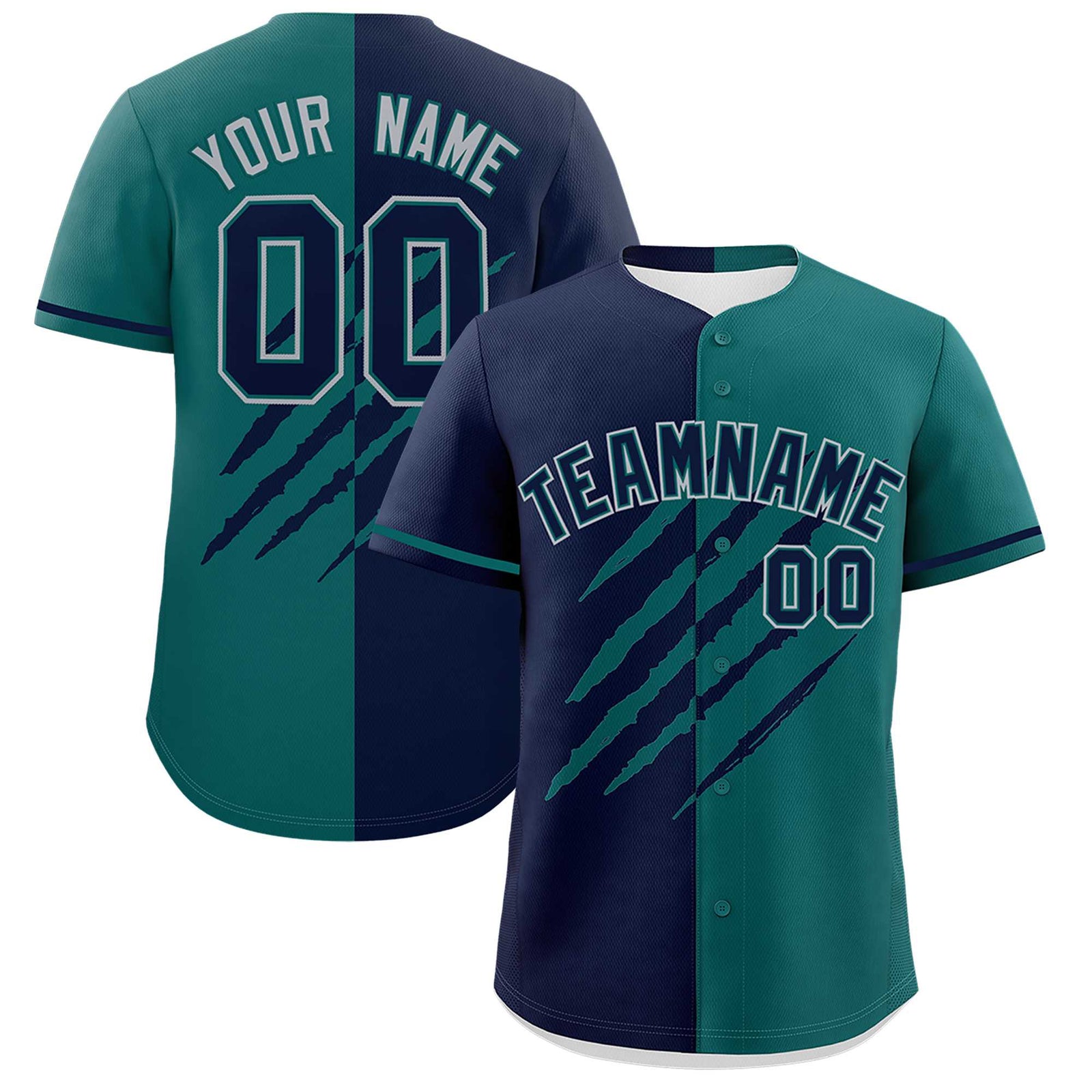 Custom Navy Teal Split Tiger Claw Scratch Pattern Baseball Jersey