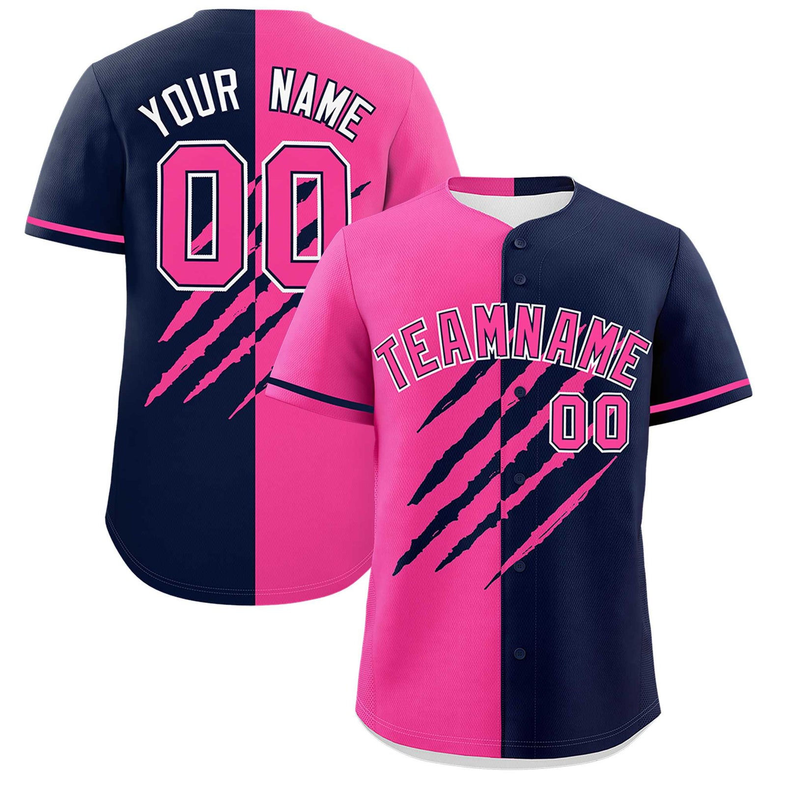 Custom Pink Navy Split Tiger Claw Scratch Pattern Baseball Jersey