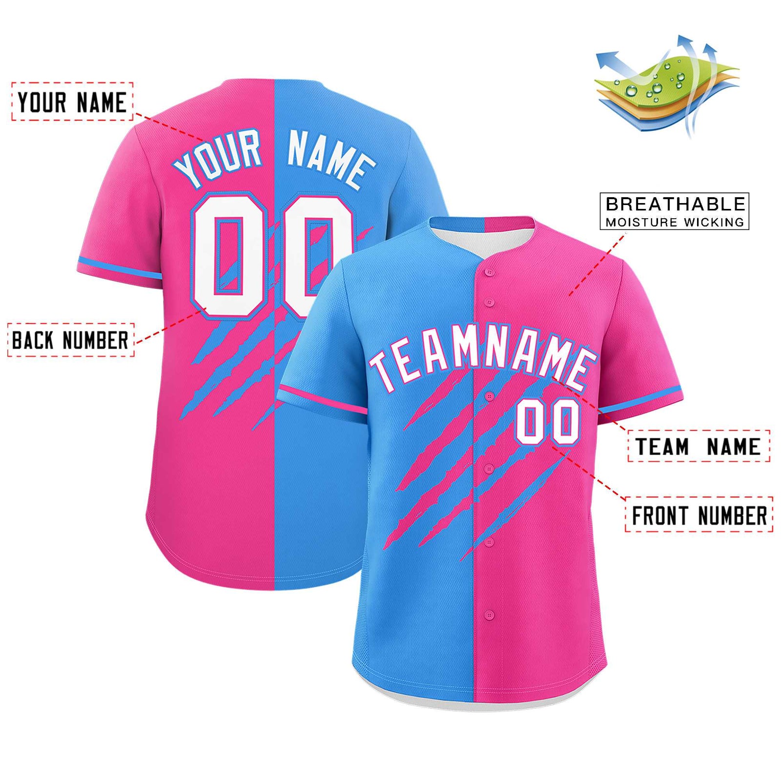 Custom Powder Blue Pink Split Tiger Claw Scratch Pattern Baseball Jersey