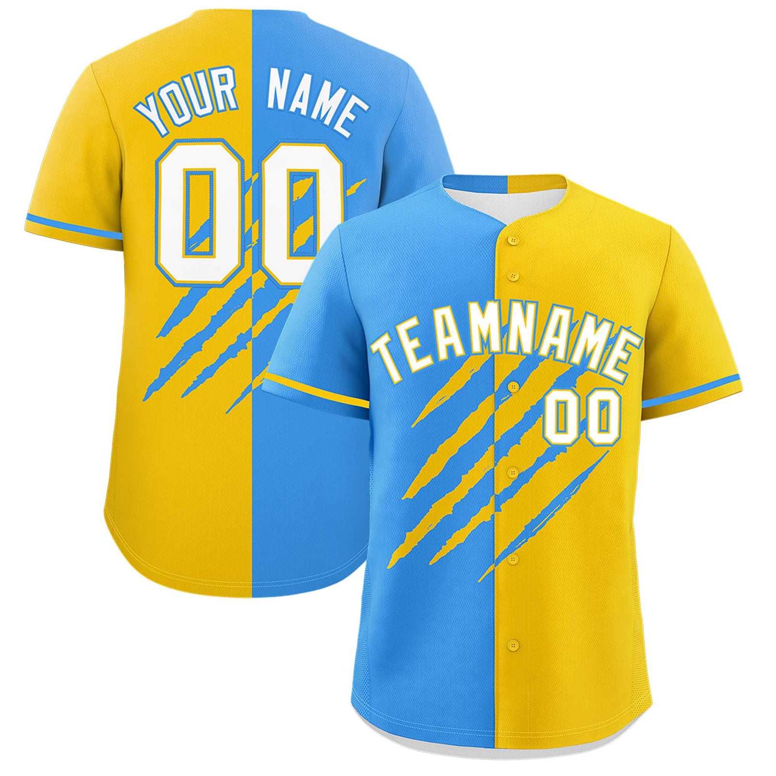 Custom Powder Blue Gold Split Tiger Claw Scratch Pattern Baseball Jersey