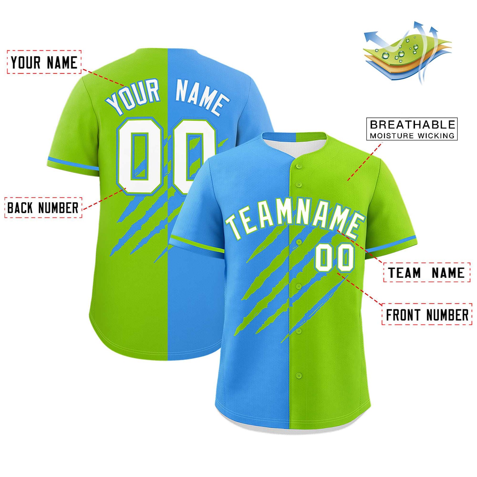 Custom Powder Blue Neon Green Split Tiger Claw Scratch Pattern Baseball Jersey