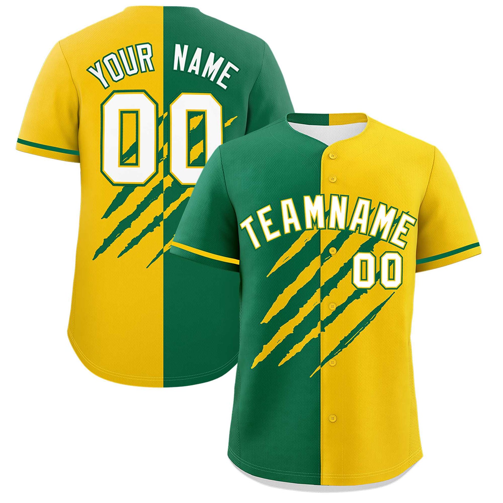 Custom Kelly Green Gold Split Tiger Claw Scratch Pattern Baseball Jersey