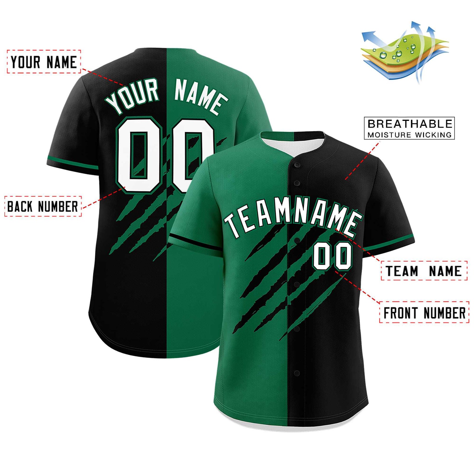 Custom Kelly Green Black Split Tiger Claw Scratch Pattern Baseball Jersey