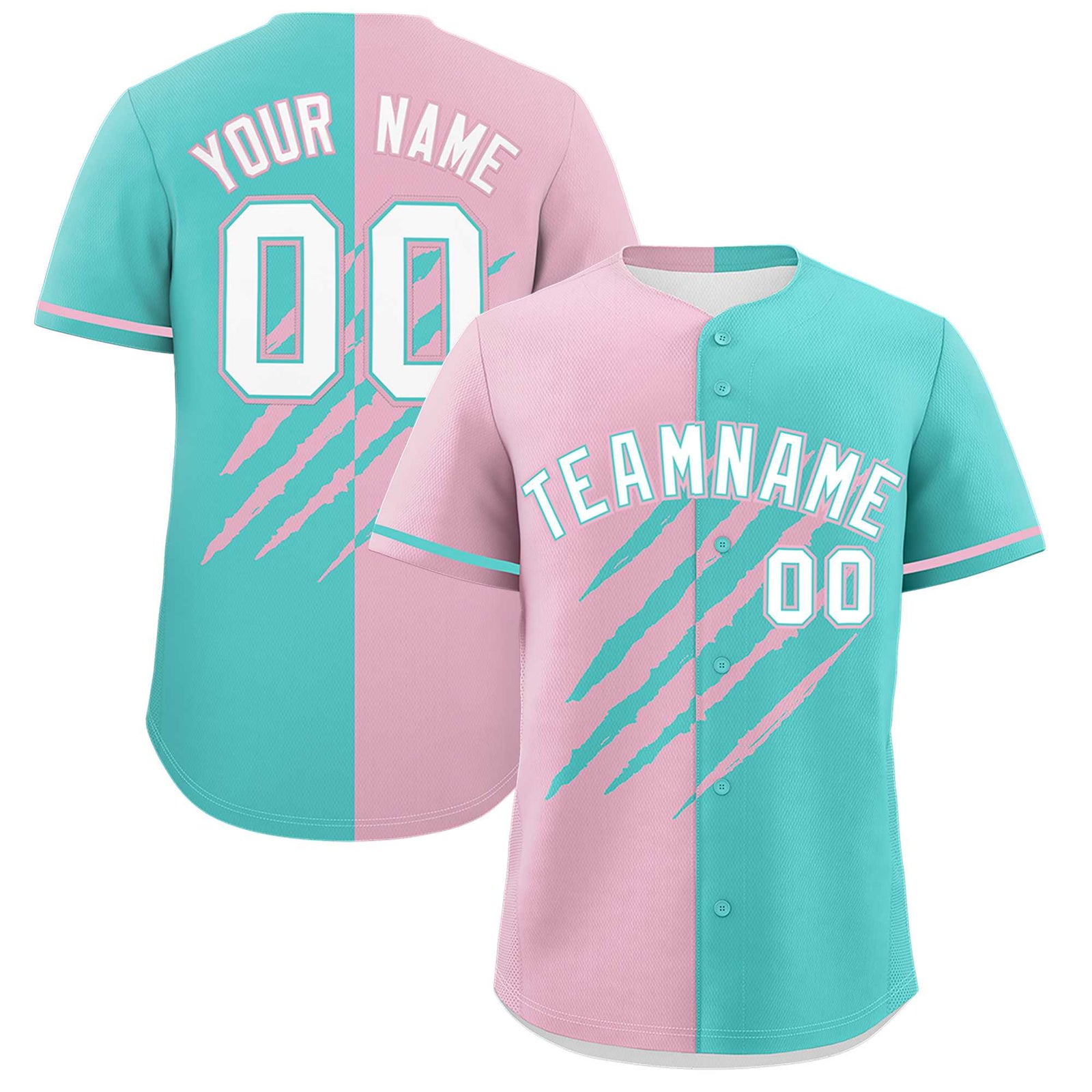 Custom Light Pink Bright Green Split Tiger Claw Scratch Pattern Baseball Jersey