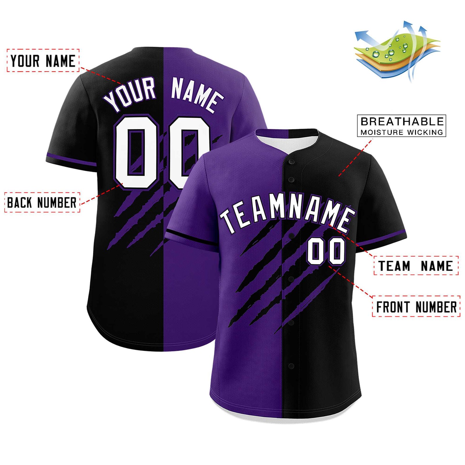 Custom Purple Black Split Tiger Claw Scratch Pattern Baseball Jersey