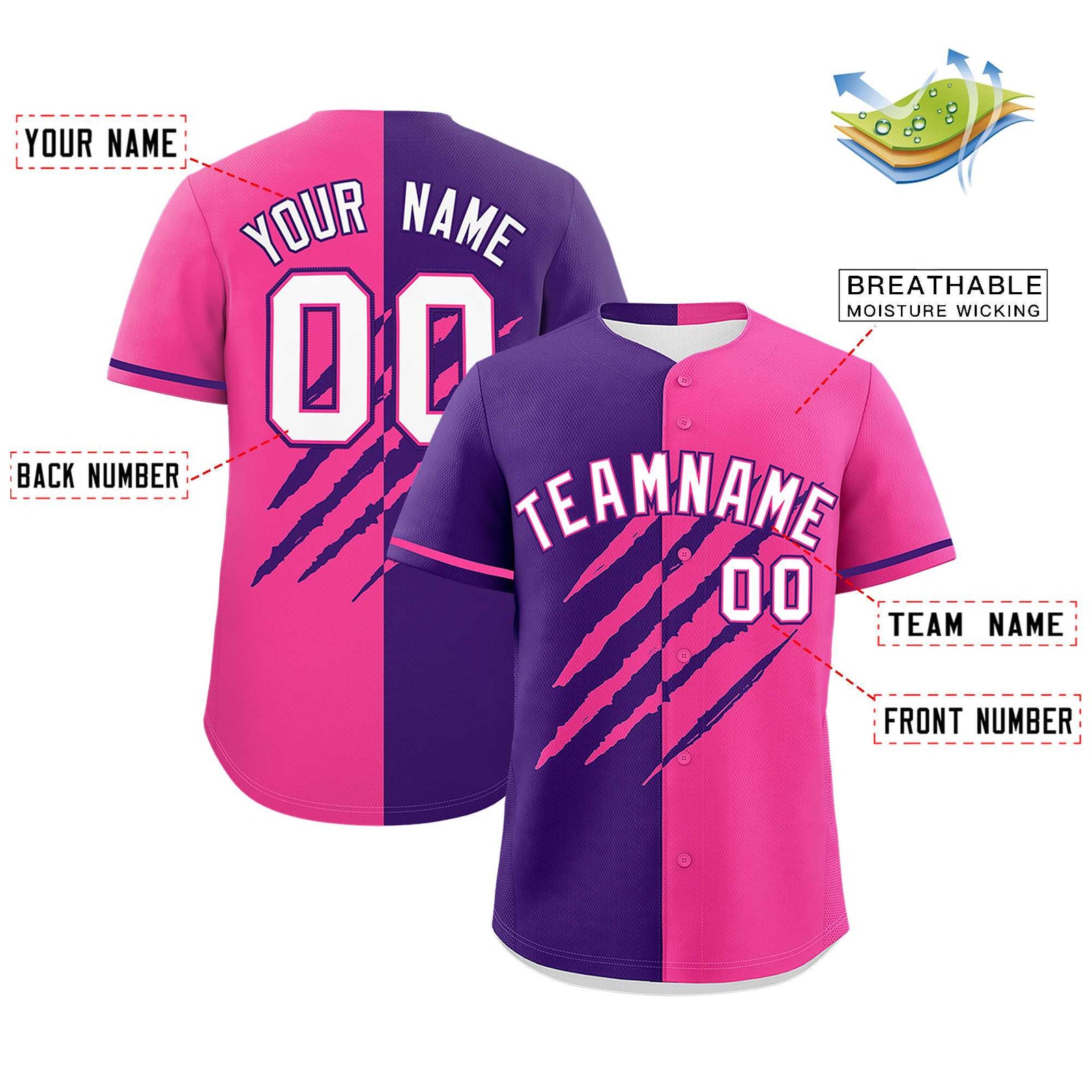 Custom Purple Pink Split Tiger Claw Scratch Pattern Baseball Jersey