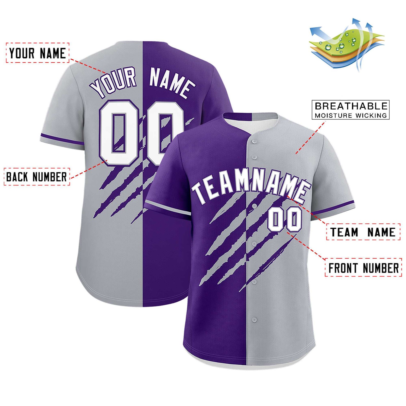 Custom Purple Gray Split Tiger Claw Scratch Pattern Baseball Jersey