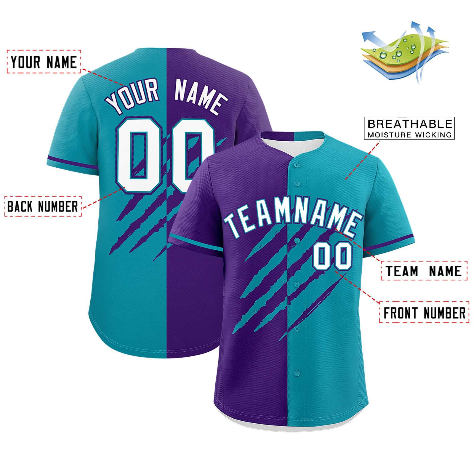 Custom Purple Teal Split Tiger Claw Scratch Pattern Baseball Jersey
