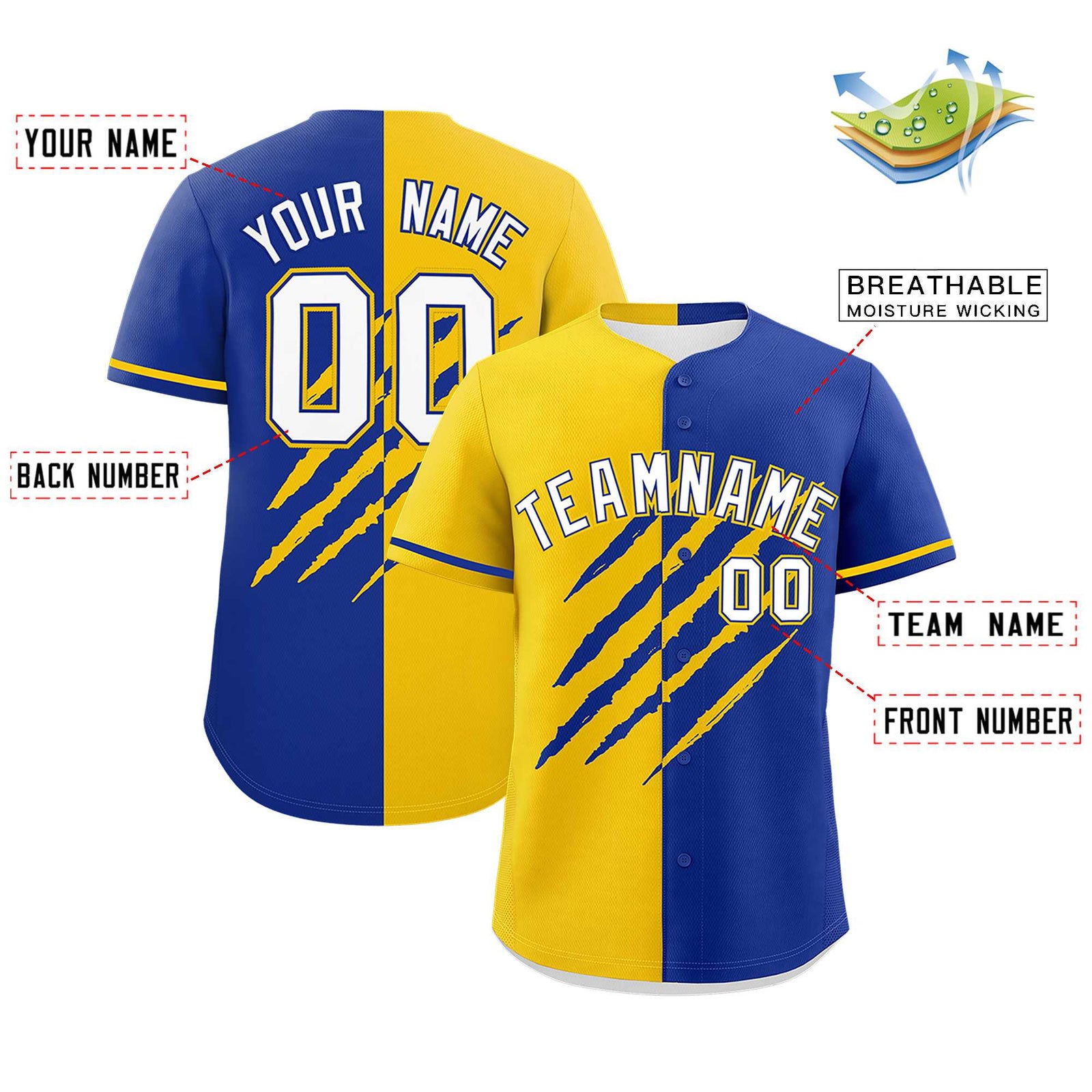 Custom Gold Royal Blue Split Tiger Claw Scratch Pattern Baseball Jersey