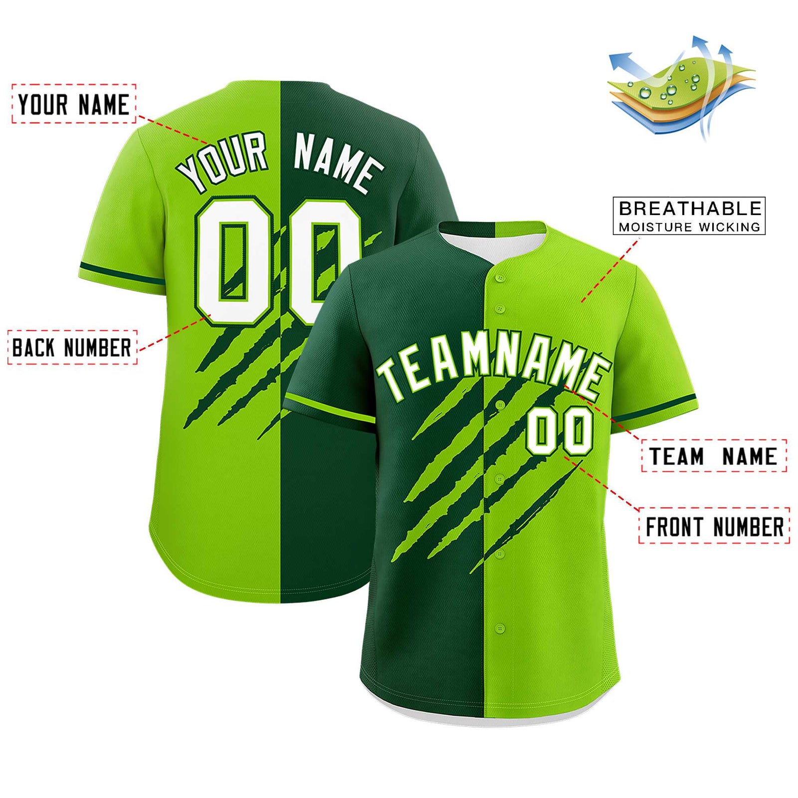 Custom Green Neon Green Split Tiger Claw Scratch Pattern Baseball Jersey