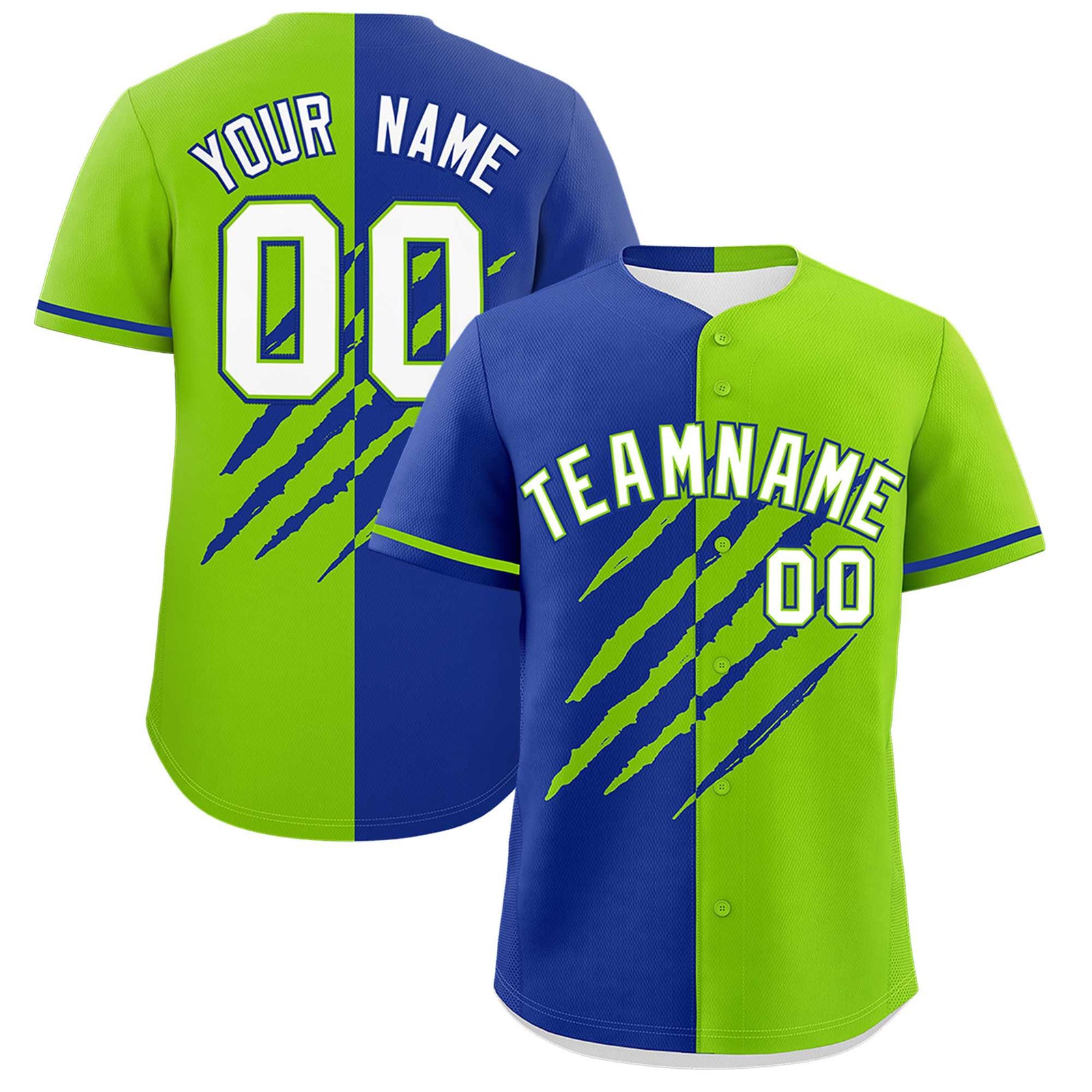 Custom Royal Blue Neon Green Split Tiger Claw Scratch Pattern Baseball Jersey