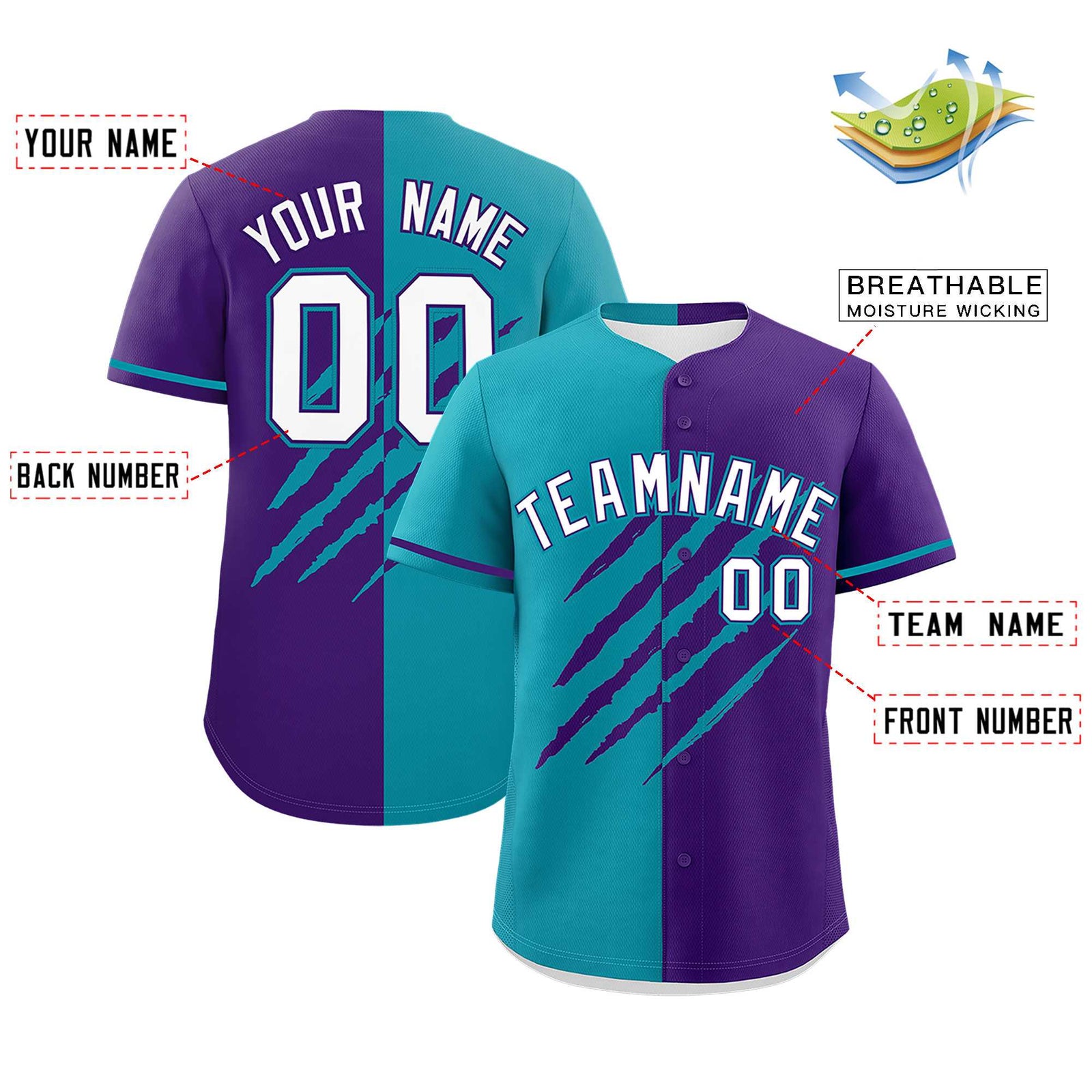 Custom Aqua Purple Split Tiger Claw Scratch Pattern Baseball Jersey