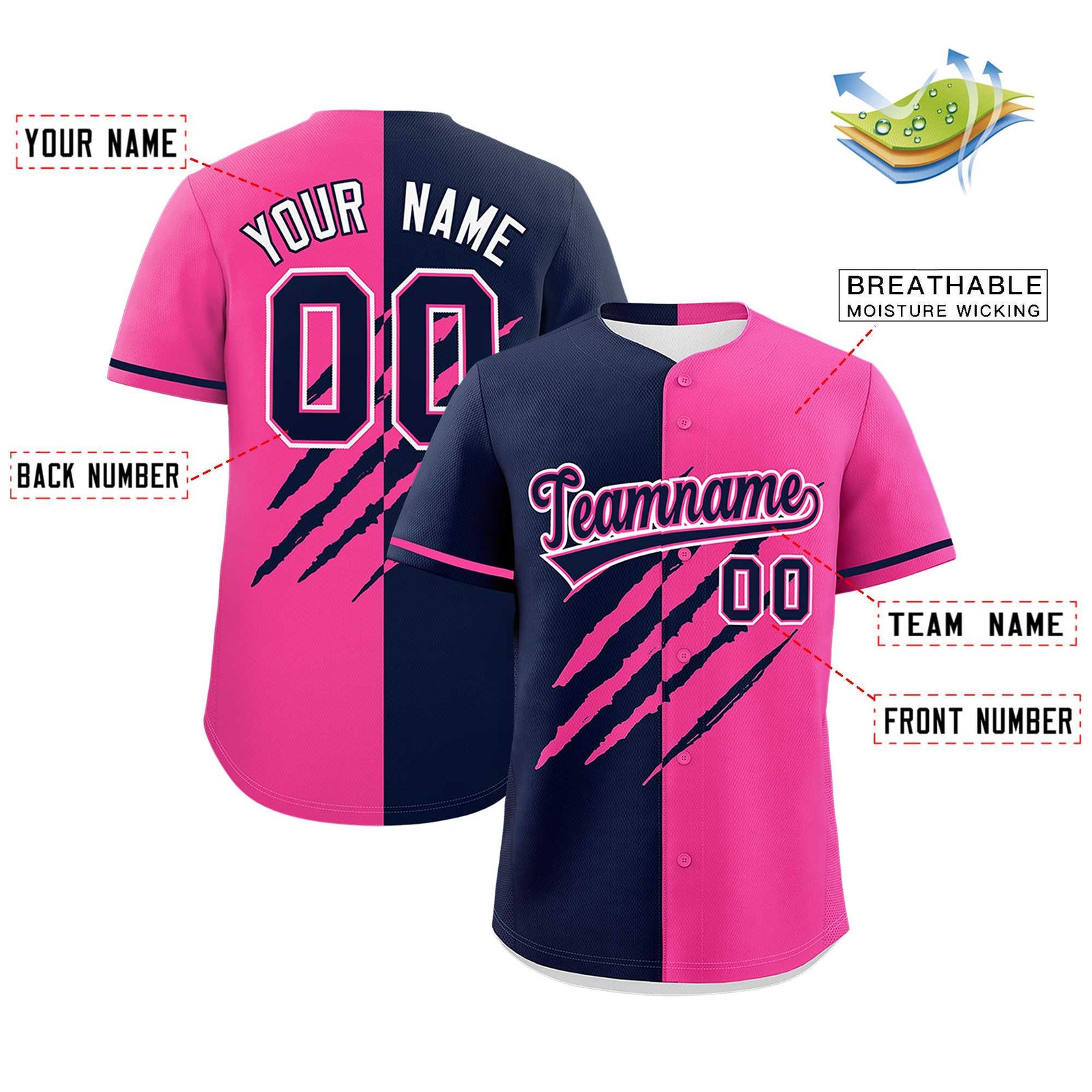 Custom Navy Pink Split Tiger Claw Scratch Pattern Baseball Jersey