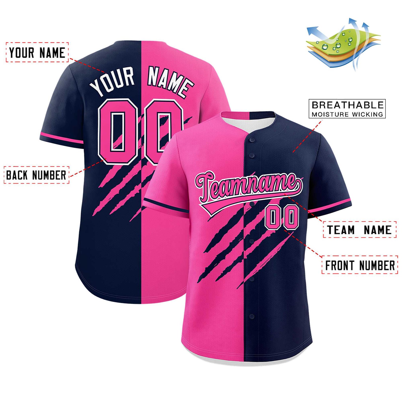 Custom Pink Navy Split Tiger Claw Scratch Pattern Baseball Jersey
