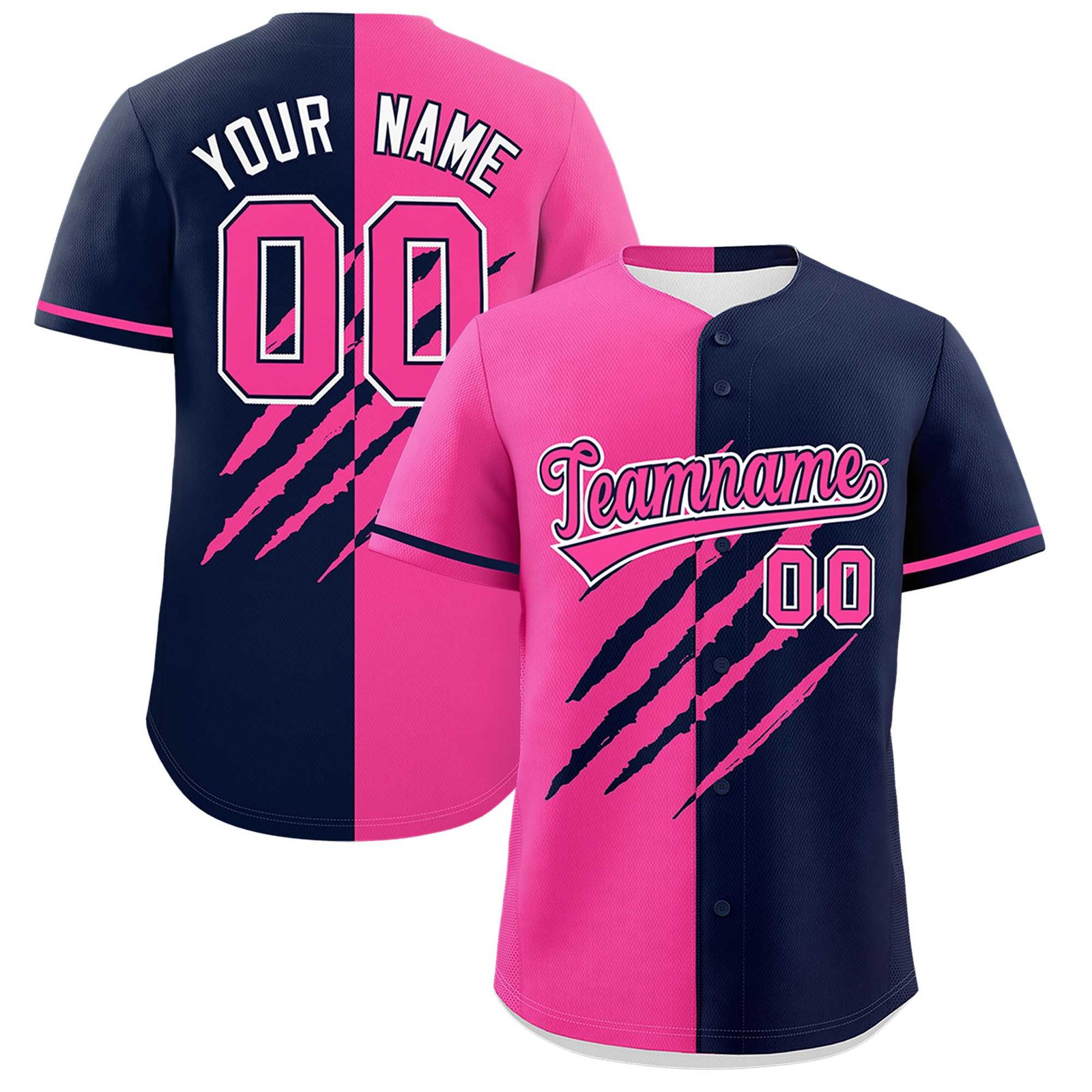 Custom Pink Navy Split Tiger Claw Scratch Pattern Baseball Jersey