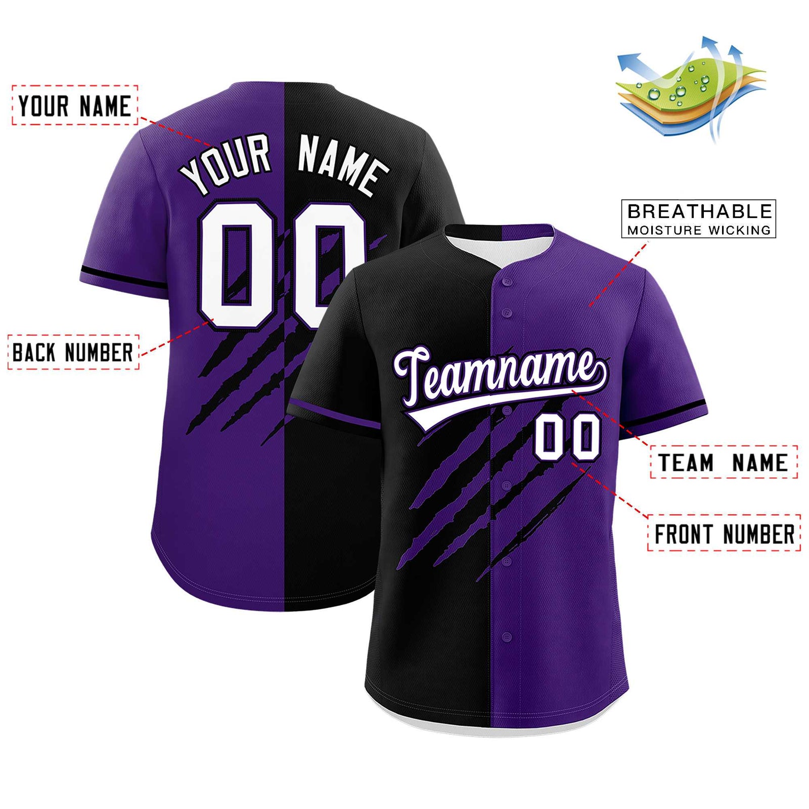Custom Black Purple Split Tiger Claw Scratch Pattern Baseball Jersey