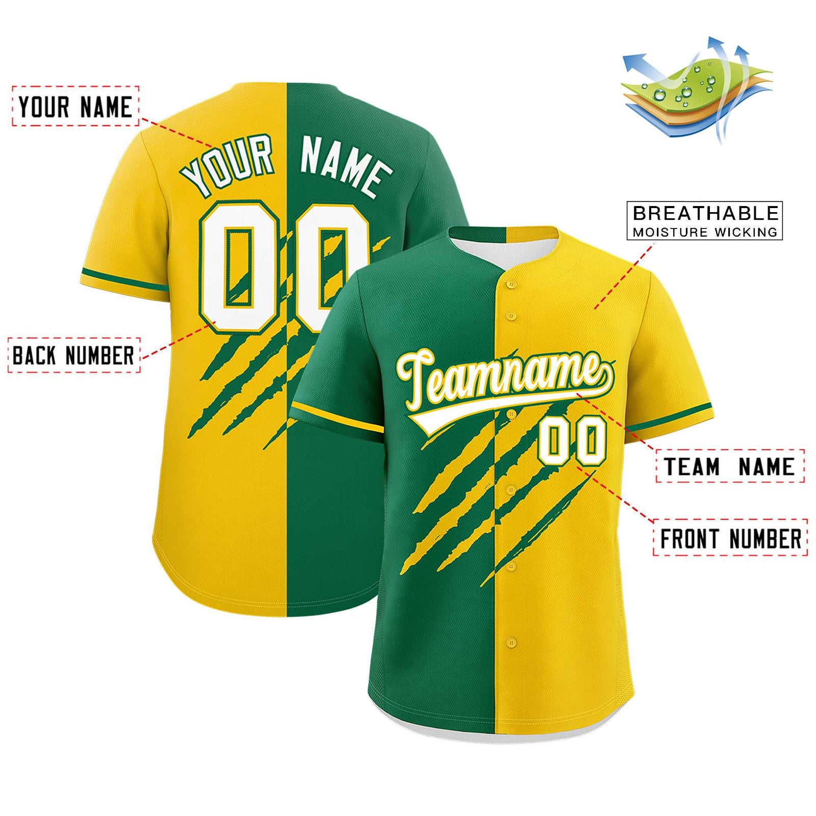 Custom Kelly Green Gold Split Tiger Claw Scratch Pattern Baseball Jersey