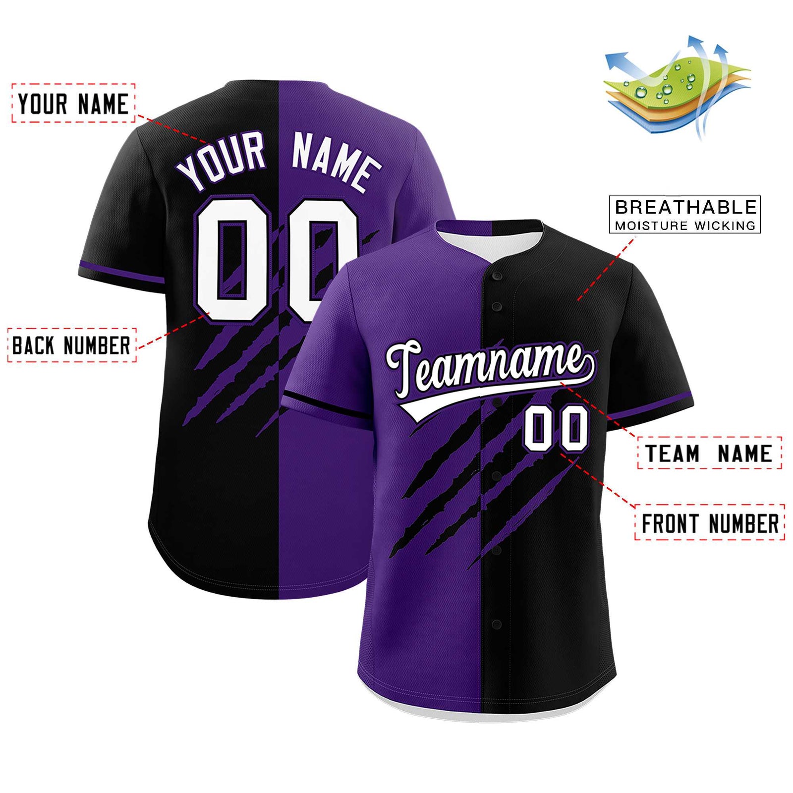 Custom Purple Black Split Tiger Claw Scratch Pattern Baseball Jersey