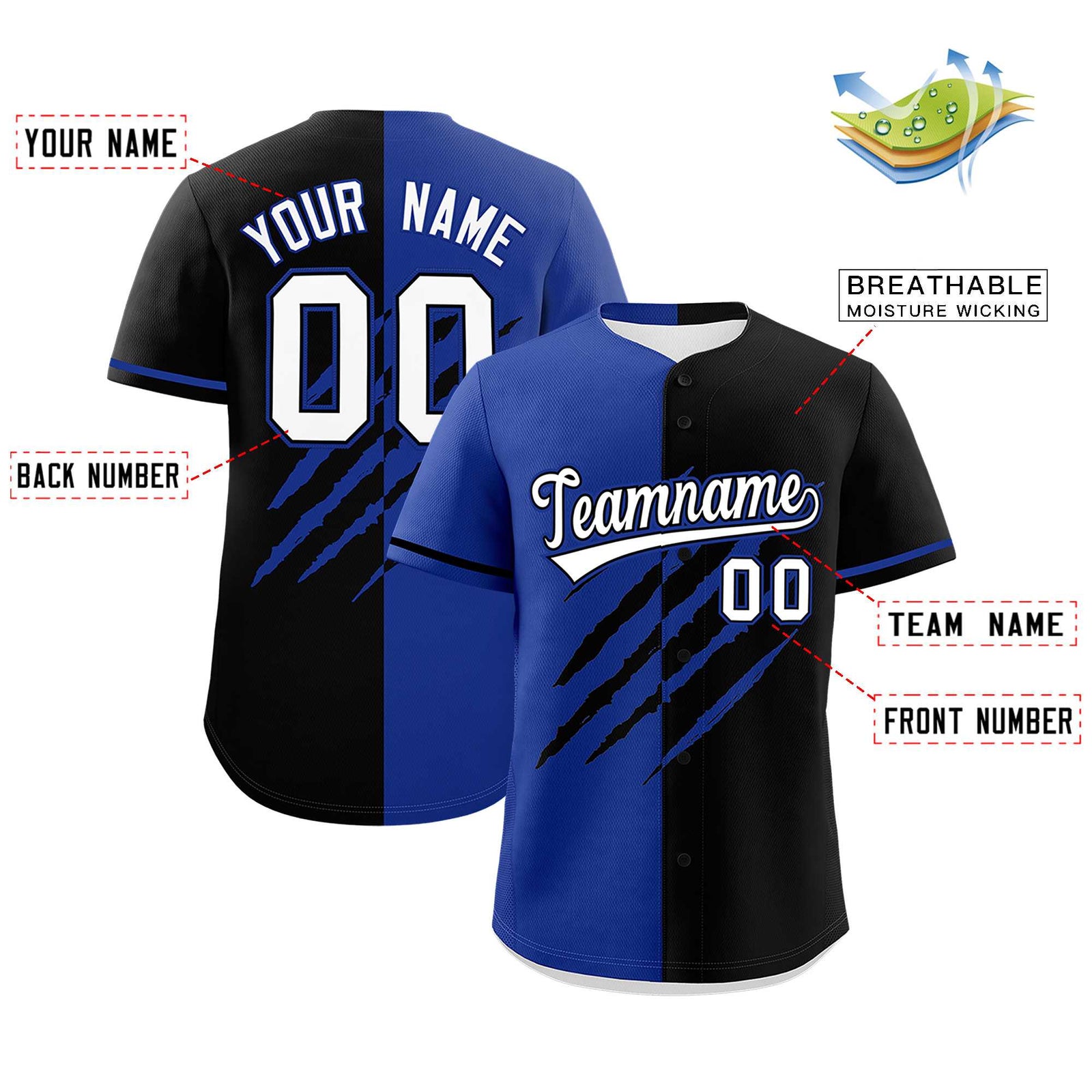 Custom Royal Blue Black Split Tiger Claw Scratch Pattern Baseball Jersey