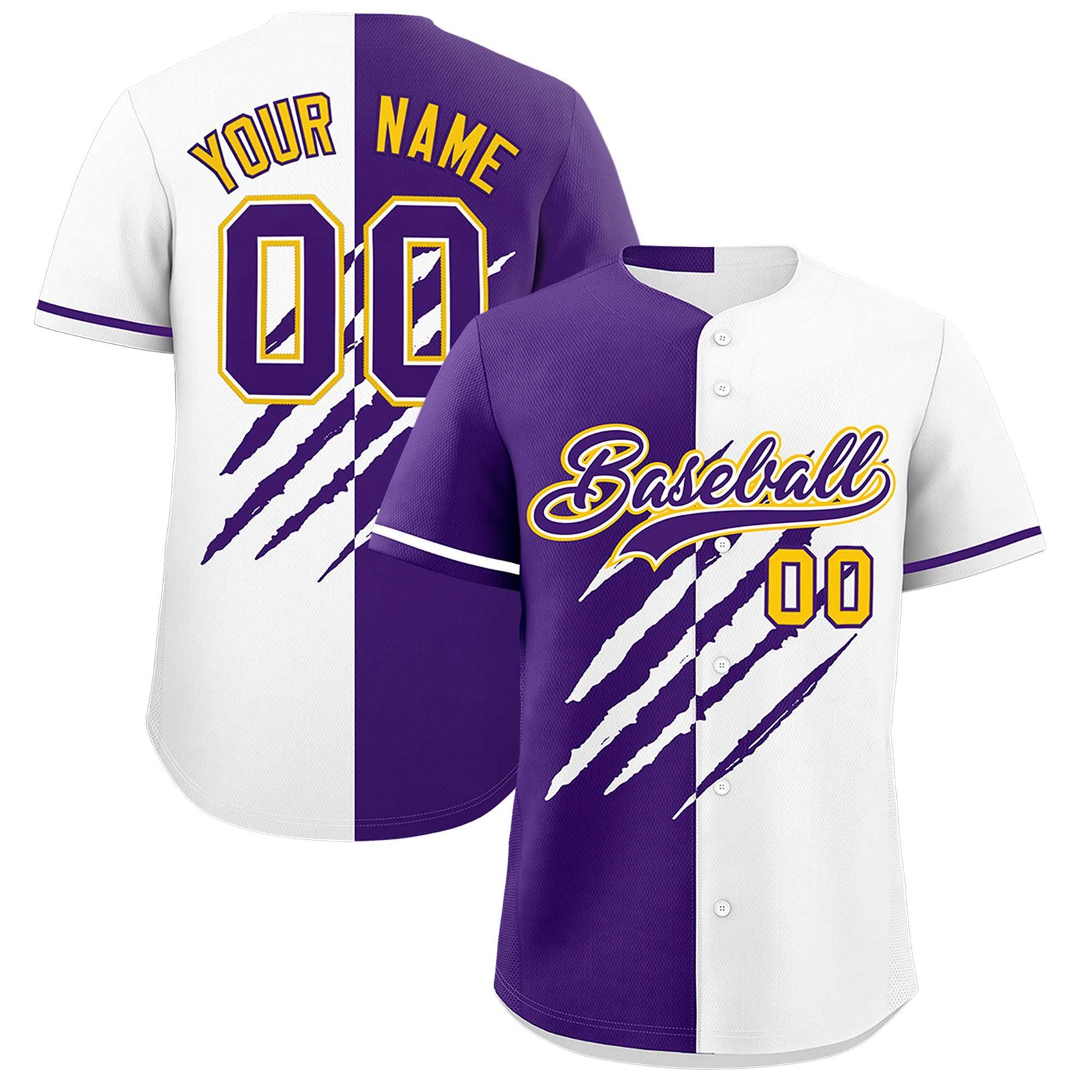 Custom Purple White Split Tiger Claw Scratch Pattern Baseball Jersey