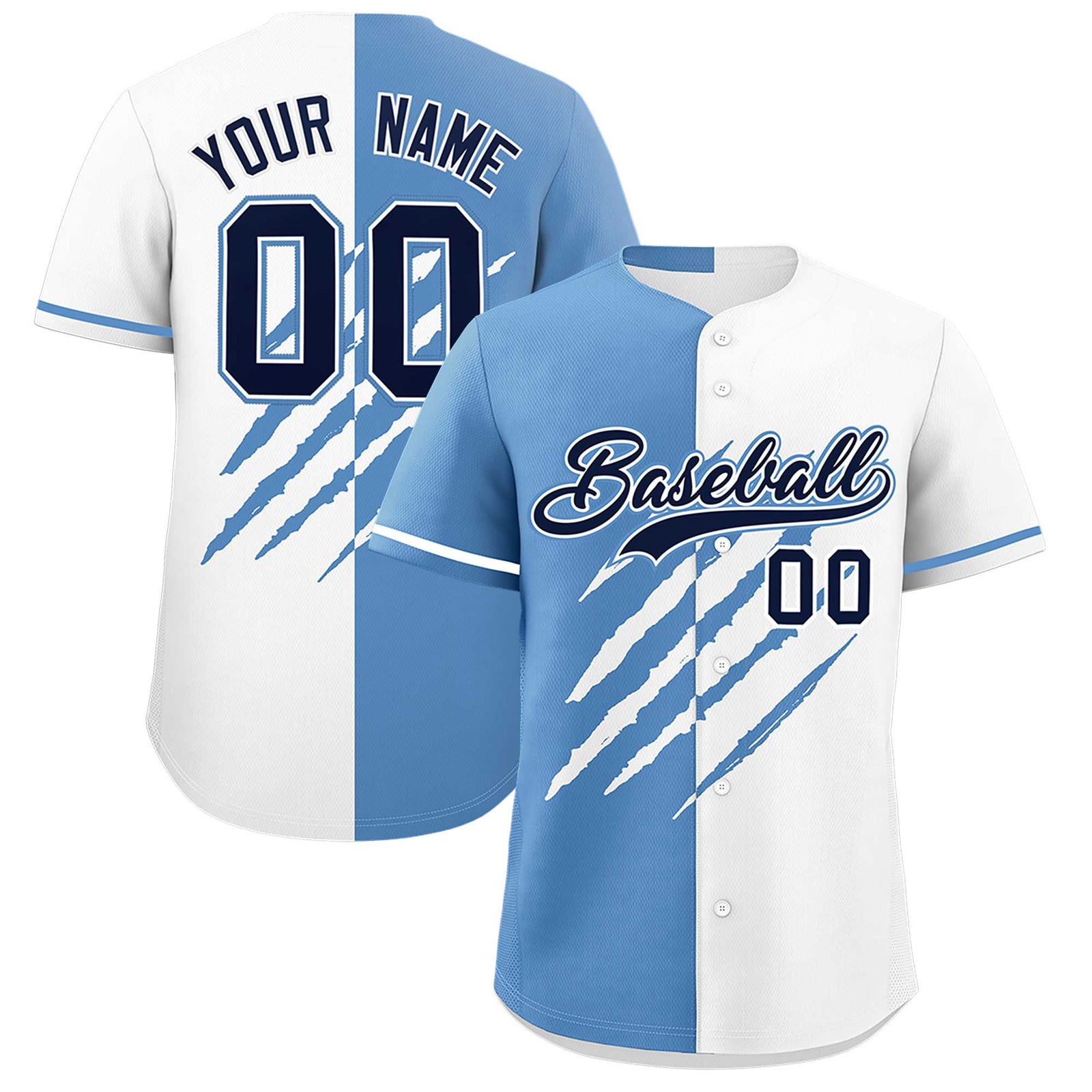 Custom Light Blue White Split Tiger Claw Scratch Pattern Baseball Jersey