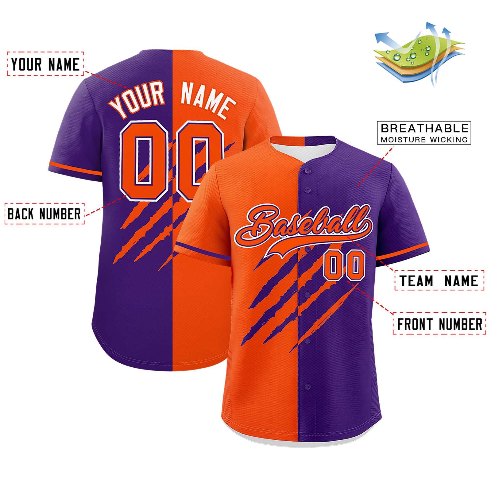 Custom Orange Purple Split Tiger Claw Scratch Pattern Baseball Jersey